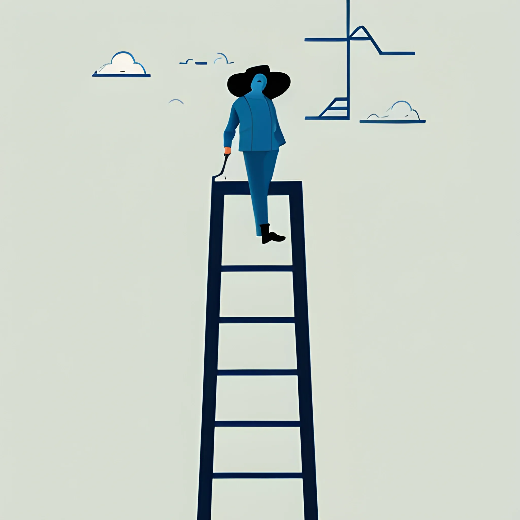 A minimalist illustration of a ladder reaching into the clouds, with no visible end, and a small figure starting to climb. The ladder is simple, with clean, straight lines. The background is a soft blue sky with fluffy white clouds. The figure is wearing a hat and a jacket. The overall image has a limited color palette of blue, white, and beige. The style is flat design with soft lighting.