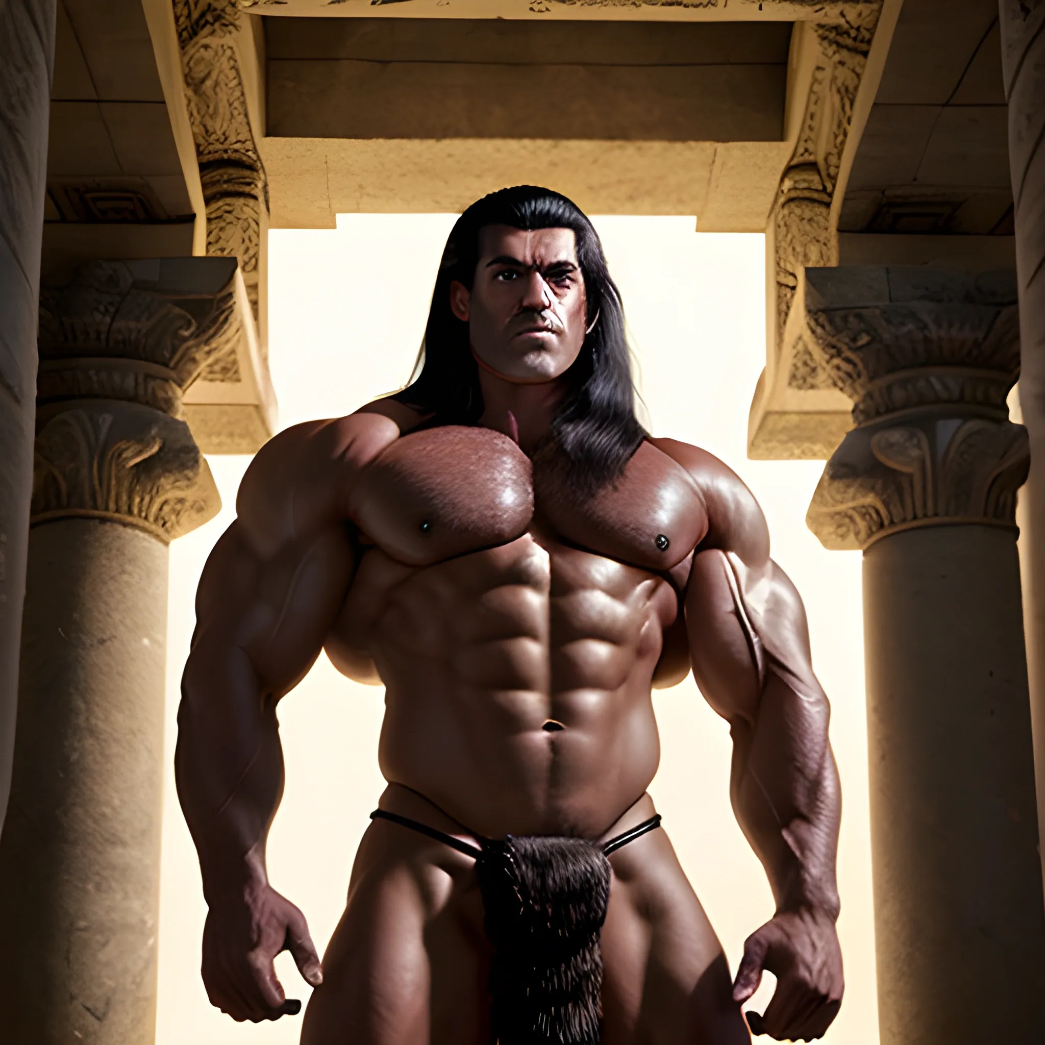 20 year extremely muscular, handsome, but evil and shredded black haired barbarian standing in an ancient temple flexing his biceps in triumph clad in a fur cloth that cannot hide his enormous virility