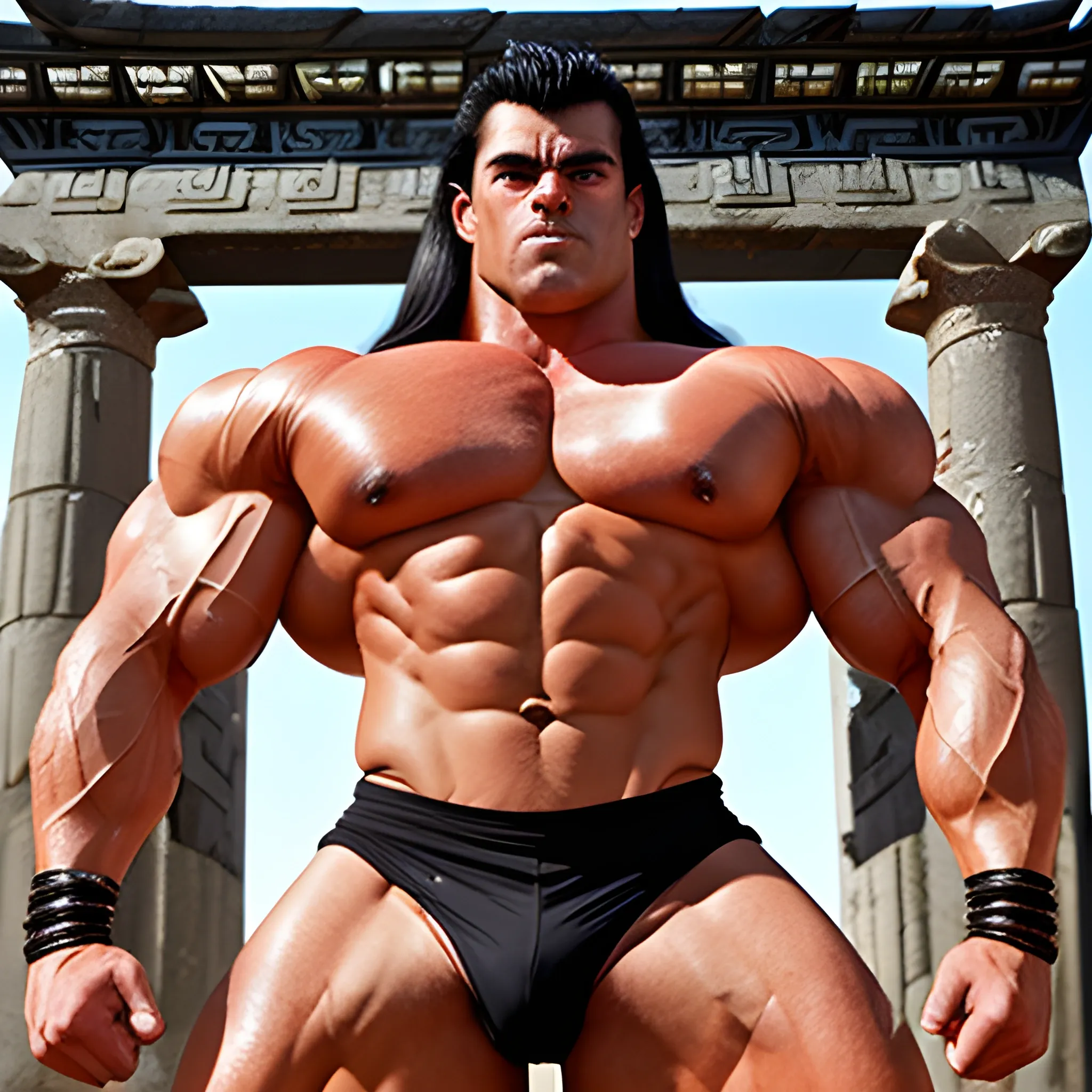 20 year extremely muscular, handsome, but evil and shredded black haired barbarian standing in an ancient temple flexing his biceps in triumph clad in tight fitting spandex shorts that cannot hide his enormous virility