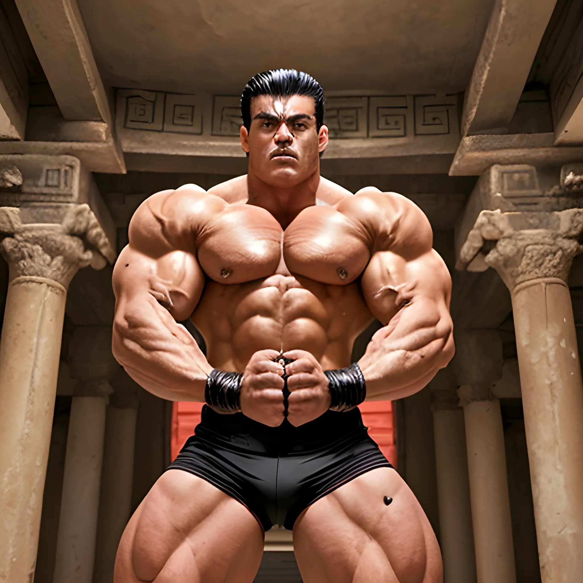 20 year extremely muscular, handsome, but evil and shredded black haired barbarian standing in an ancient temple in triumph clad in tight fitting spandex shorts that he pulls up with his strong hands. These shorts cannot hide his enormous virility that is "caged" inside them.