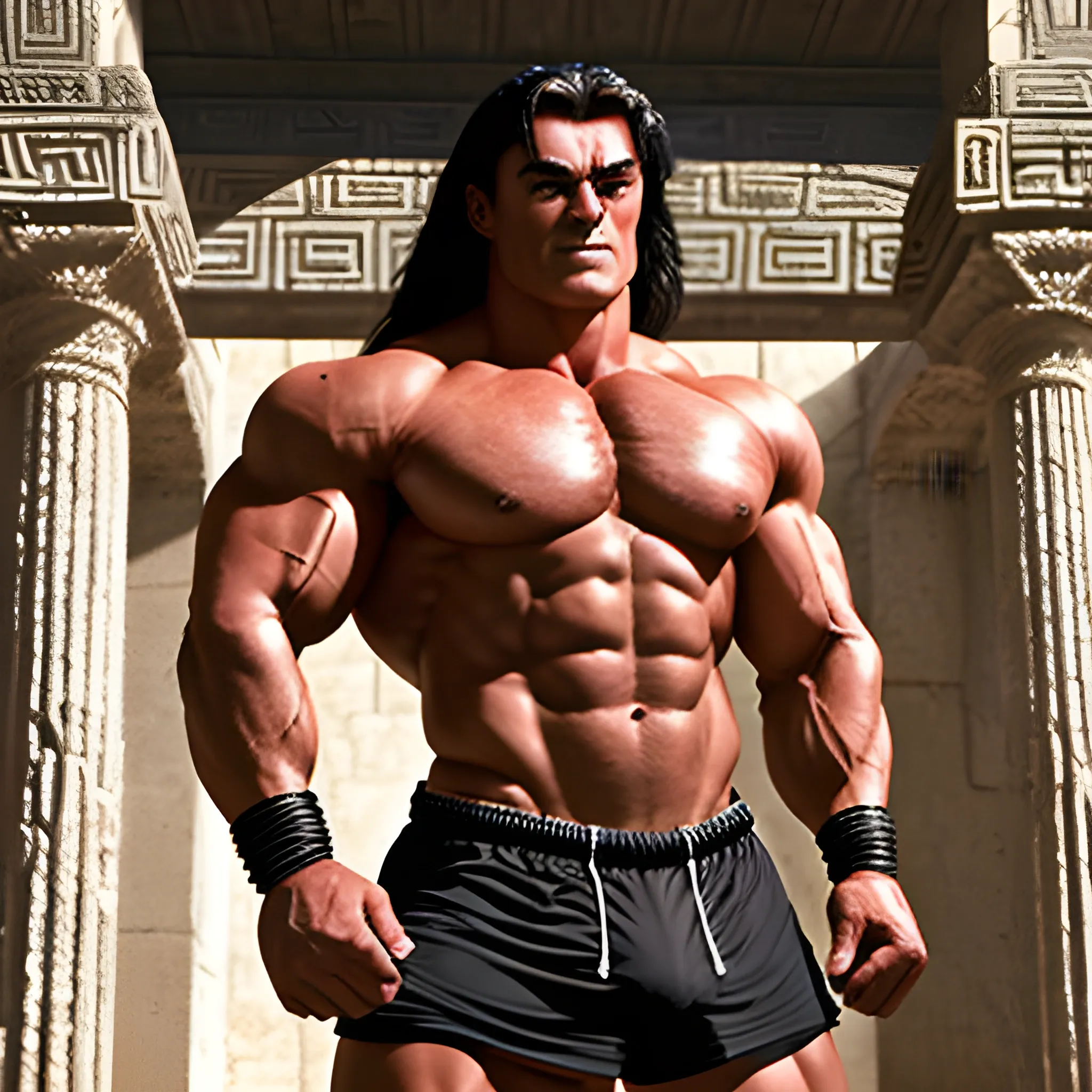 20 year extremely muscular, handsome, but evil and shredded black haired barbarian looking like "Conan" standing in an ancient temple in triumph clad in tight fitting spandex shorts that he pulls up with his strong hands grabbing them at his hips in an upward movement. These shorts cannot hide his enormous virility that is "caged" inside them.