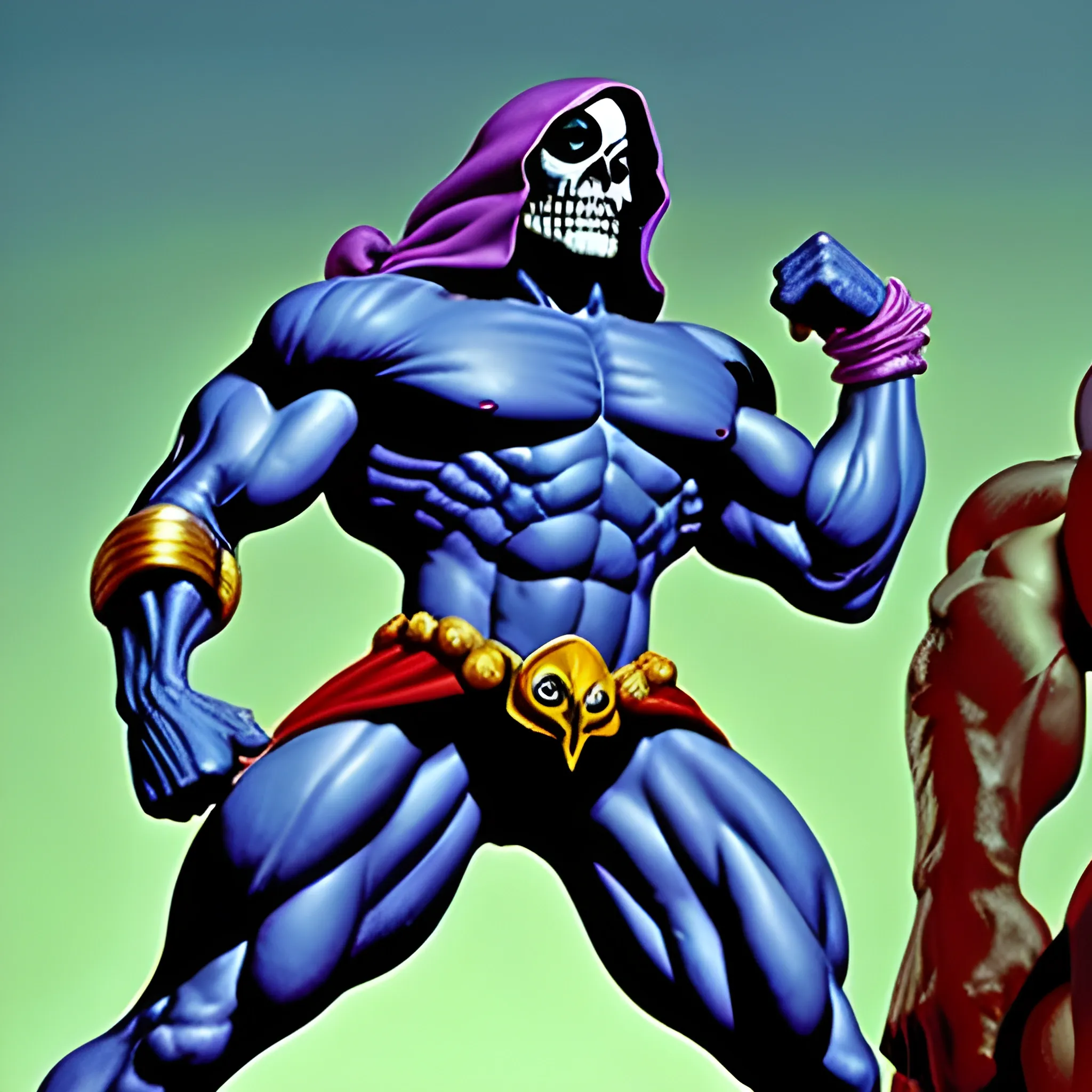 please look up the comic blue-skinned muscular villain Skeletor (From He-Man and the Masters of the Universe) and present him to me in an extremely muscular version.
