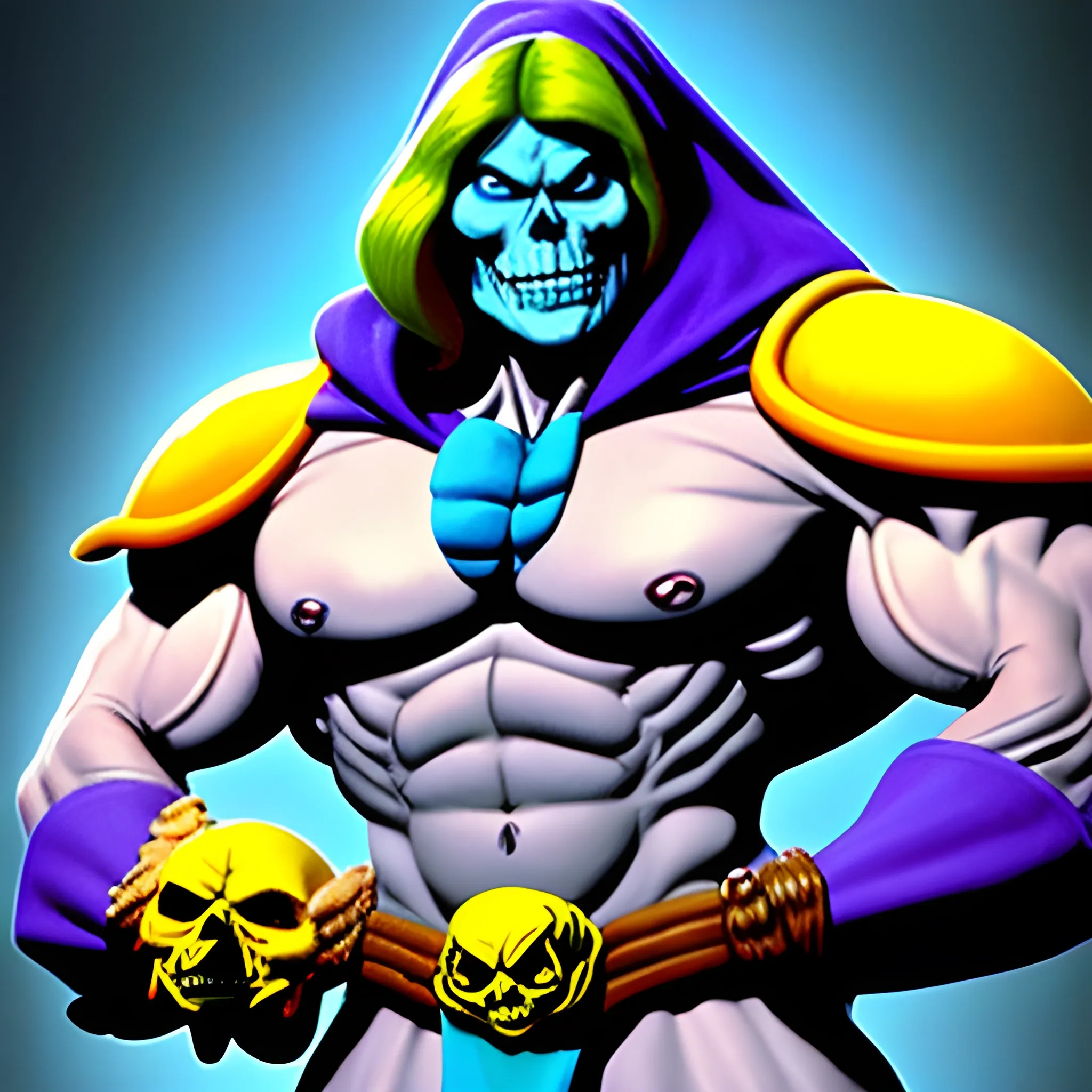 please look up the blue-skinned muscular villain Skeletor (From the cartoon He-Man and the Masters of the Universe) with his attire and his yellow skull (for a face) and present him to me in an extremely muscular version.
