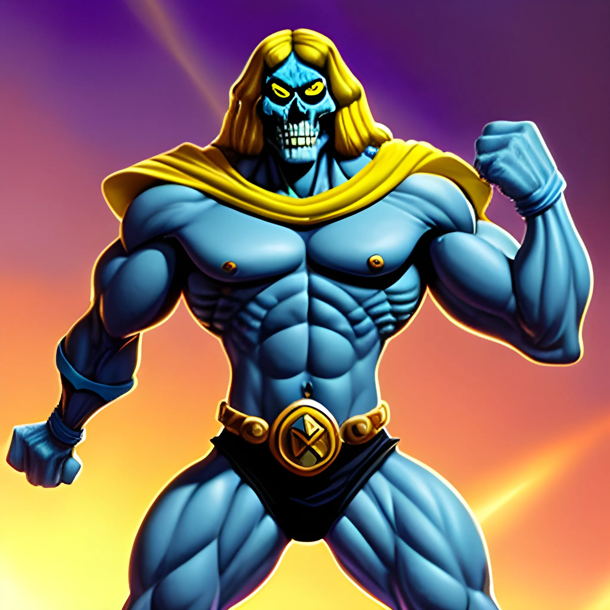 please look up the blue-skinned muscular villain Skeletor (From the cartoon He-Man and the Masters of the Universe) with his attire and his yellow skull (for a face) and present him to me in an extremely muscular version.
