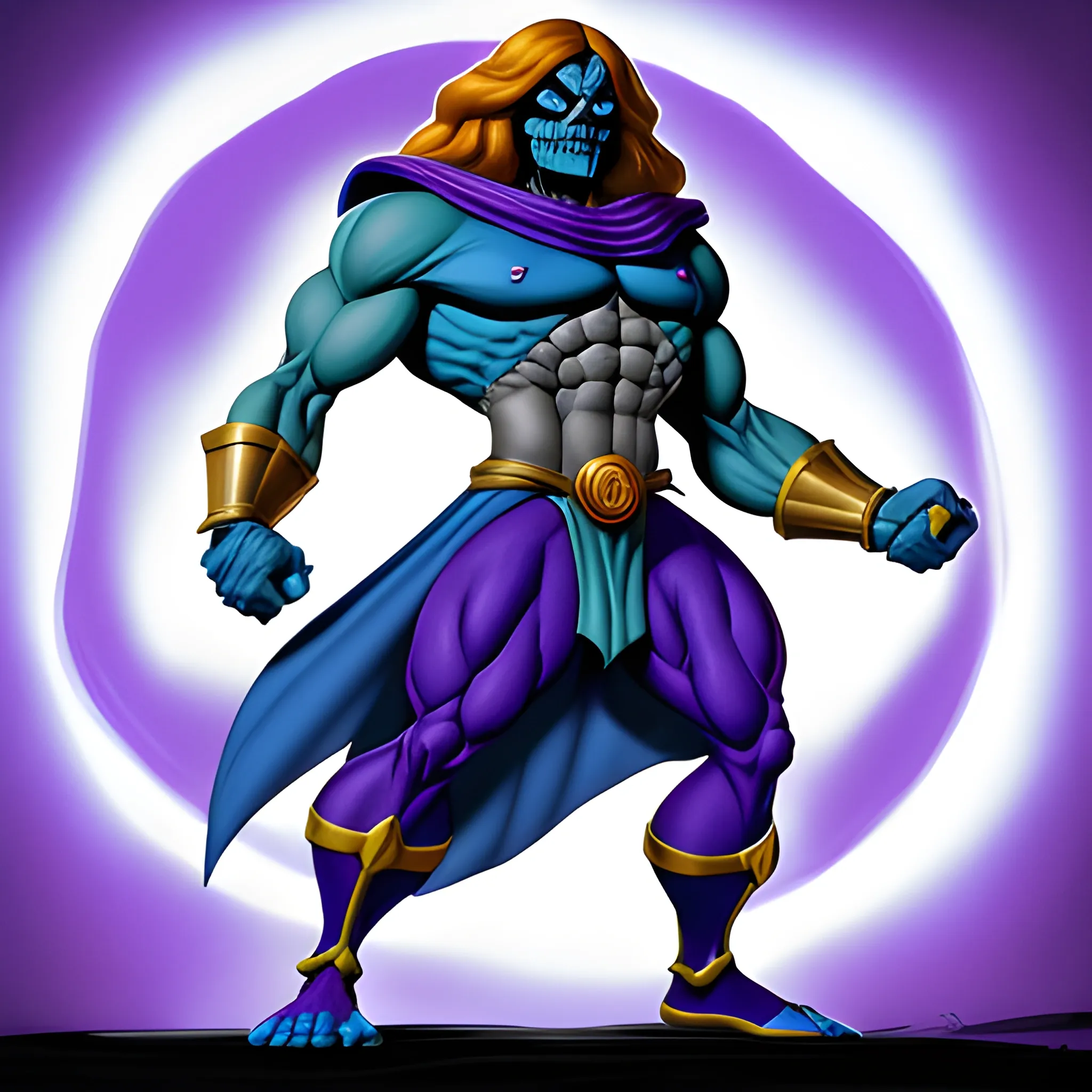 please look up the blue-skinned muscular villain Skeletor (From the cartoon He-Man and the Masters of the Universe) by searching the internet. He has to wear his usual dark blue attire and his yellow skull (for a face) has to look menacing. Skeletor must be hyper muscular.
