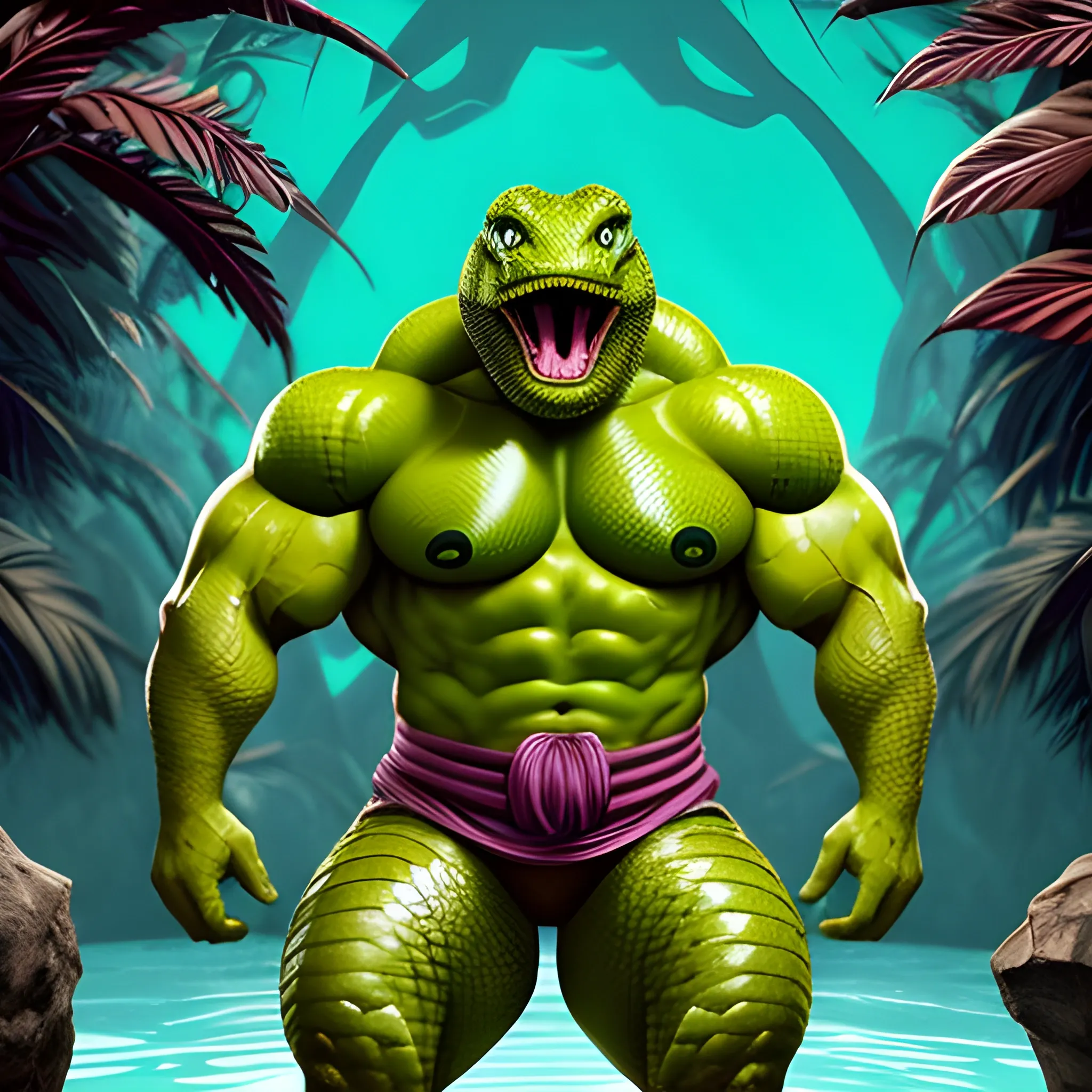 please create a monstrous villain, a hyper muscular giant green-scaled snakemen with the head of a Kobra. He has to emerge triumphantly out of a magic pool and he wears tight fitting trunks made of brown snake-skin.