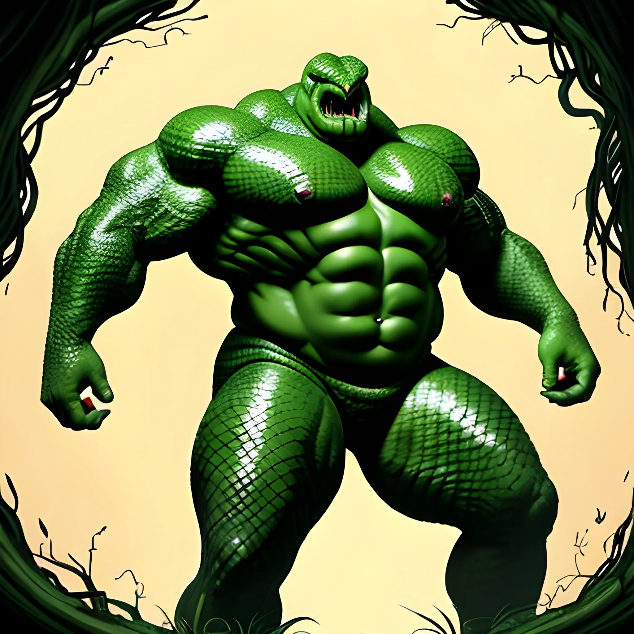 please create a monstrous villain, a hyper muscular giant green-scaled snakemen with the head of a SNAKE. He has to emerge triumphantly out of a magic pool and he wears tight fitting trunks made of brown snake-skin.