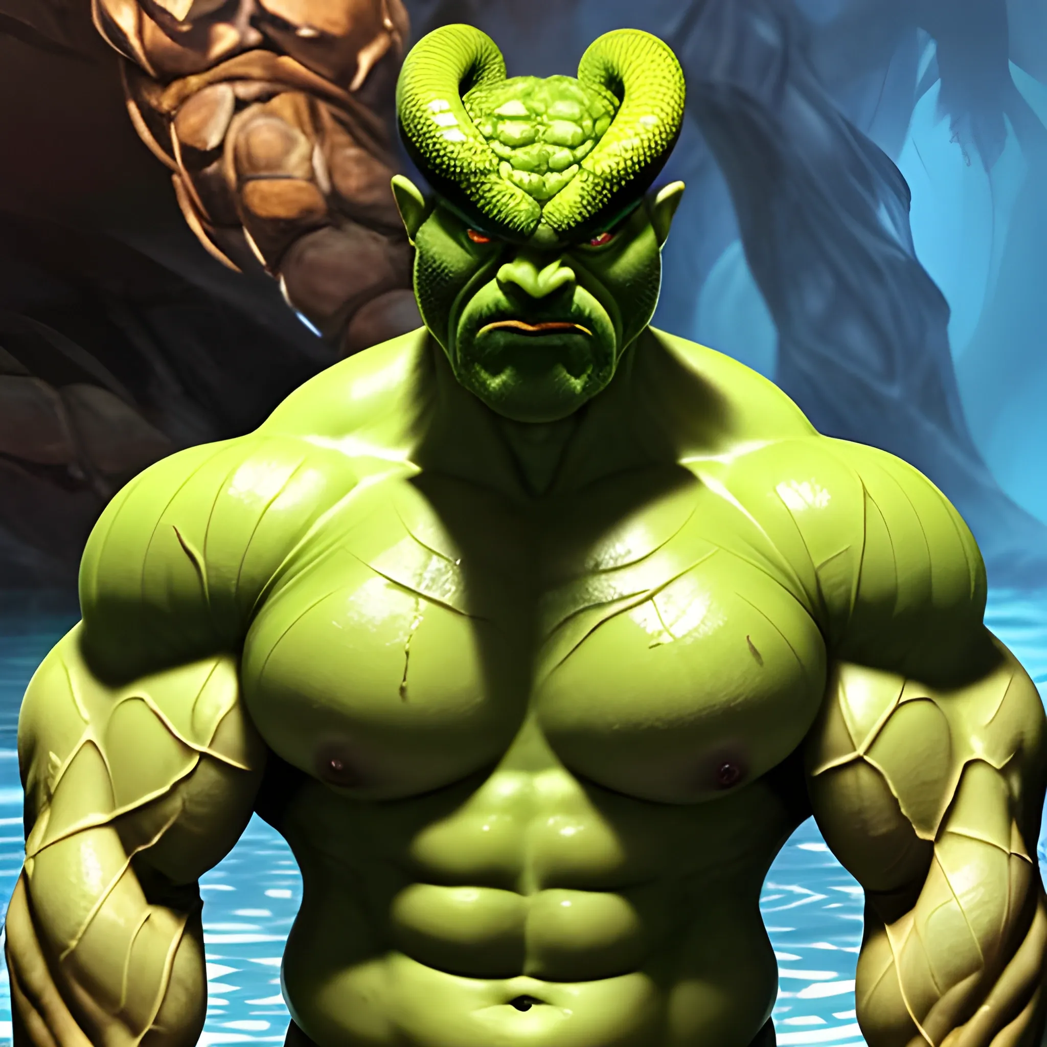 please create a monstrous villain, a hyper muscular, defined and vasculat giant green-scaled snakemen with the head of a SNAKE whose mid-section is v-shaped. He has to emerge triumphantly out of a magic pool and he wears tight fitting trunks made of brown snake-skin.