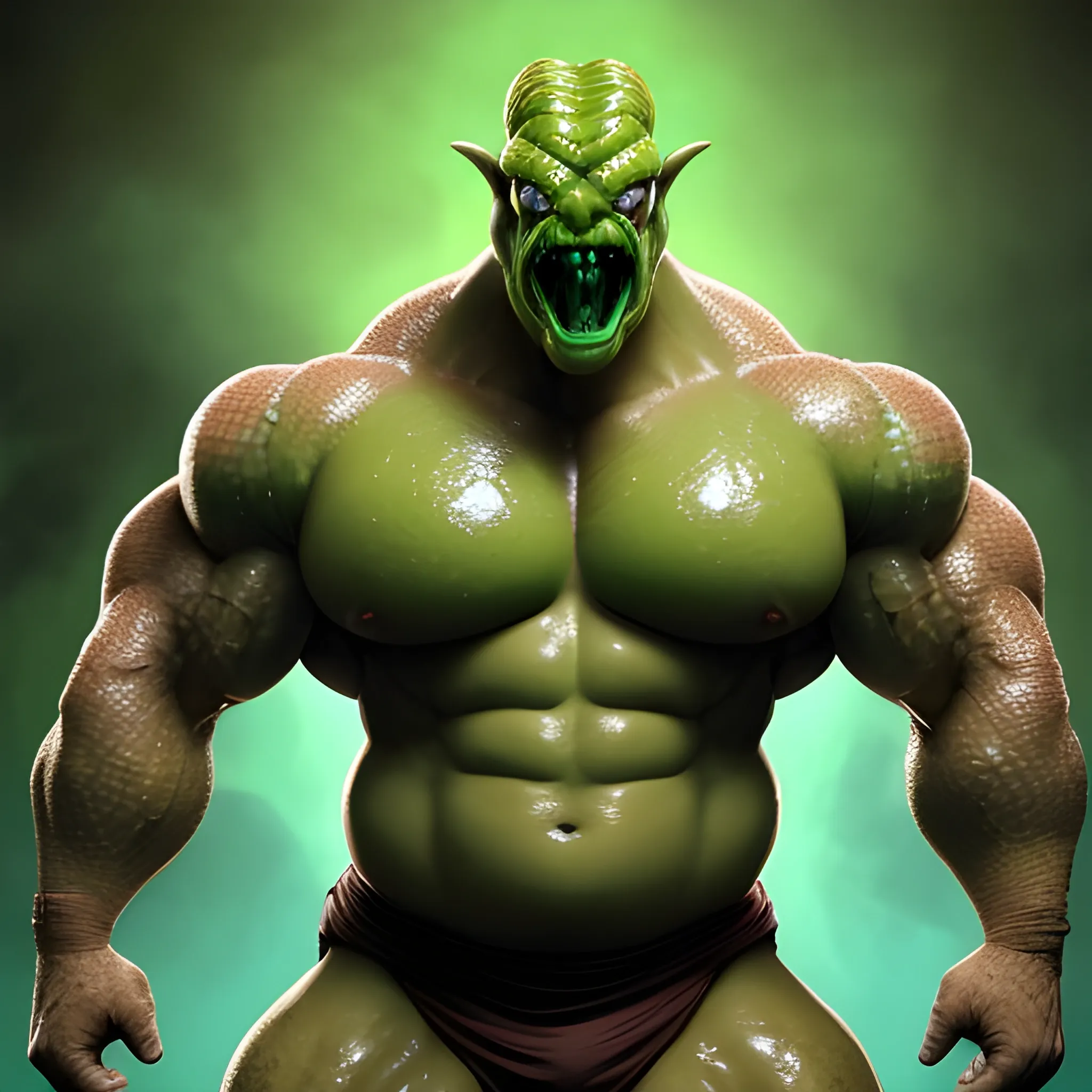 please create a monstrous villain, a hyper muscular, defined and vasculat giant green-scaled snakemen with the head of a SNAKE for a face whose mid-section is v-shaped. He has to emerge triumphantly out of a magic pool and he wears tight fitting trunks made of brown snake-skin.