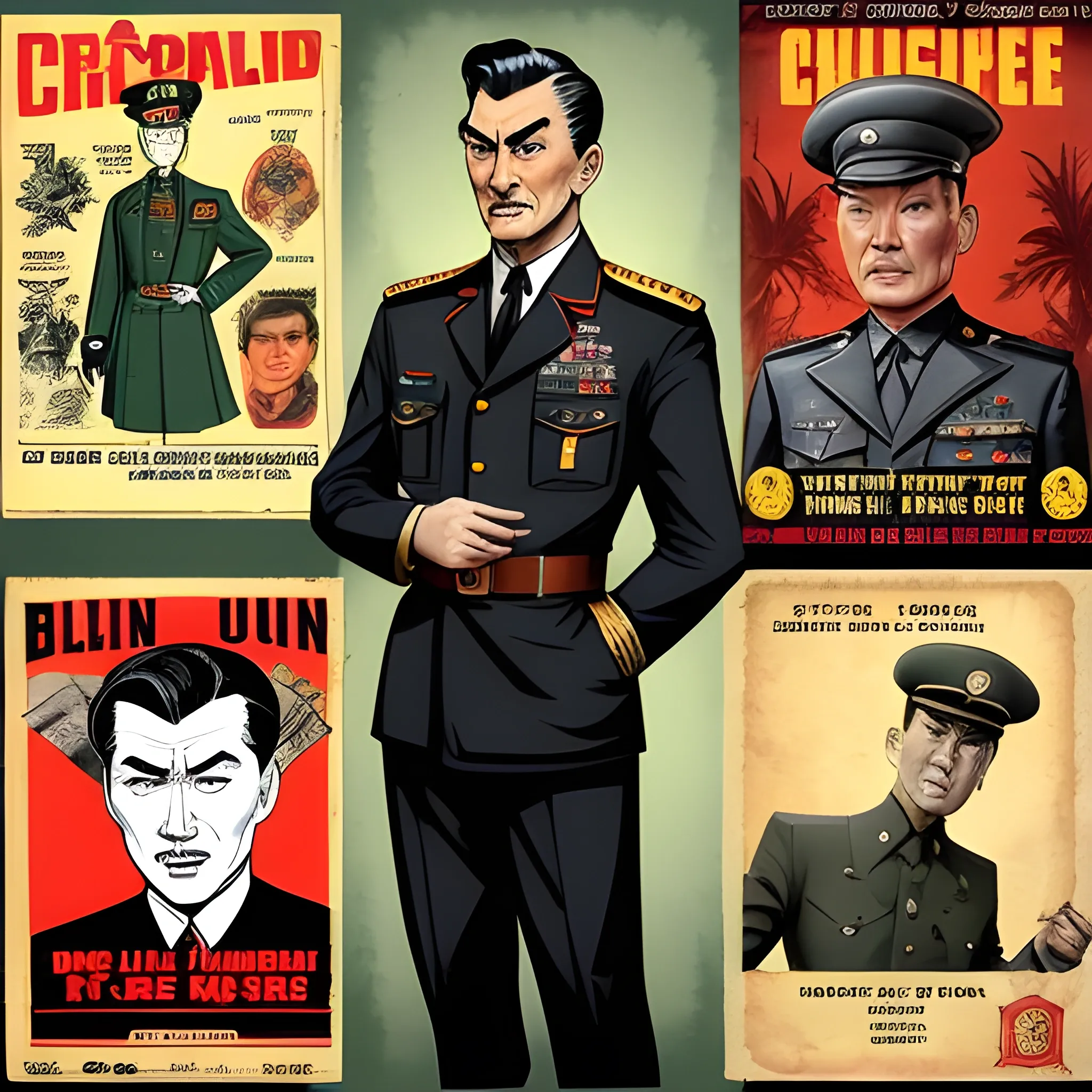 
I want you to design me a villain for a pulp story. I want him to be a colonel of the Chinese army in the 50s, with his military uniform, who wears a goatee, is about 50 years old, has a bad face, has short military-style hair but also a braid that reaches the middle of his back. I want the image to have the style of the old pulp story magazines from the 40s