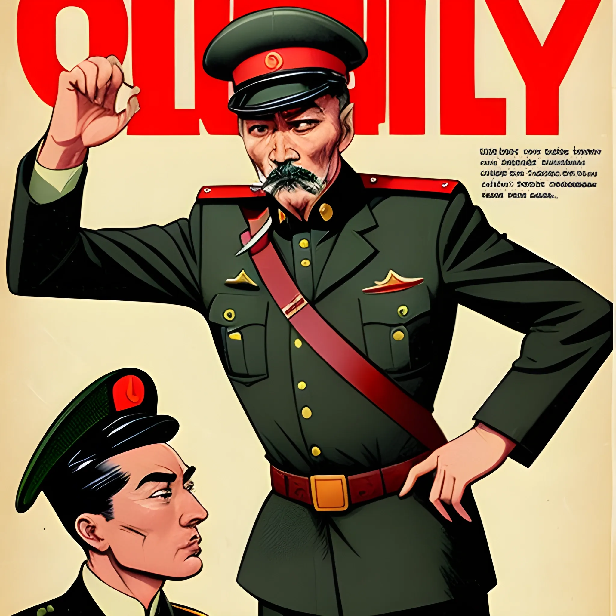 
I want you to design me a villain for a pulp story. I want him to be a colonel of the Chinese army in the 50s, with his military uniform, who wears a goatee, is about 50 years old, has a bad face, has short military-style hair but also a braid that reaches the middle of his back. I want the image to have the style of the old pulp story magazines from the 40s