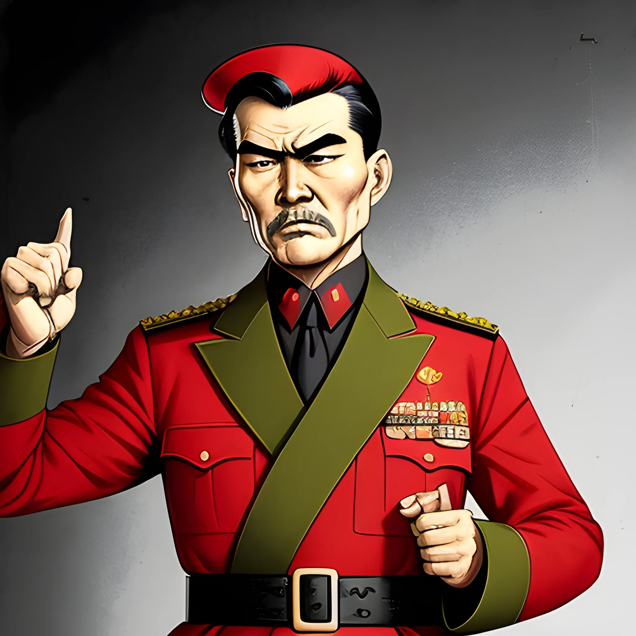 
I want you to design me a villain for a pulp story. I want him to be a colonel of the Chinese army in the 50s, with his military uniform, who wears a goatee, is about 50 years old, has a bad face, has short military-style hair but also a braid that reaches the middle of his back. I want the image to have the style of the old pulp story magazines from the 40s