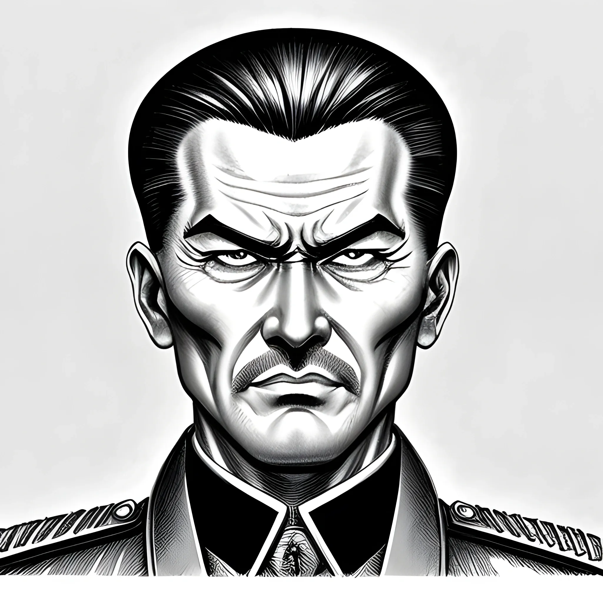 
I want you to design me a villain for a pulp story. I want him to be a colonel of the Chinese army in the 50s, with his military uniform, who wears a goatee, is about 50 years old, has a bad face, has short military-style hair but also a braid that reaches the middle of his back. I want the image to have the style of the old pulp story magazines from the 40s, Pencil Sketch