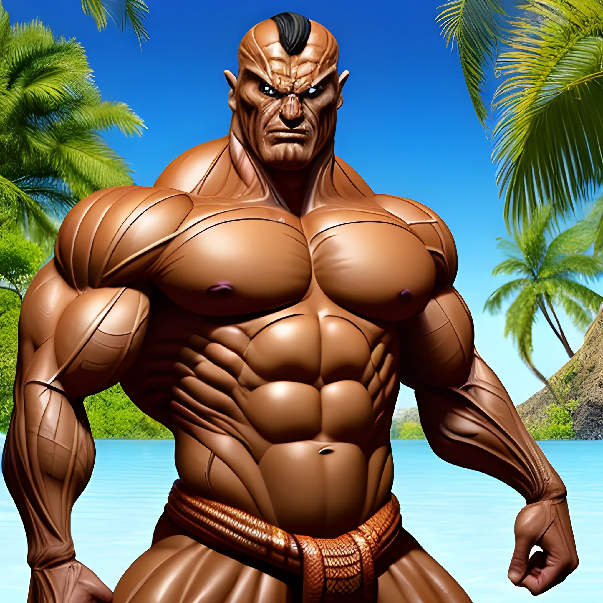 please create an a hyper muscular cobra-man, who is defined and vascular, a giant snakeman with the head of a cobra for a face whose mid-section is v-shaped. He has to emerge triumphantly out of a magic pool and he wears tight fitting trunks made of brown snake-skin.