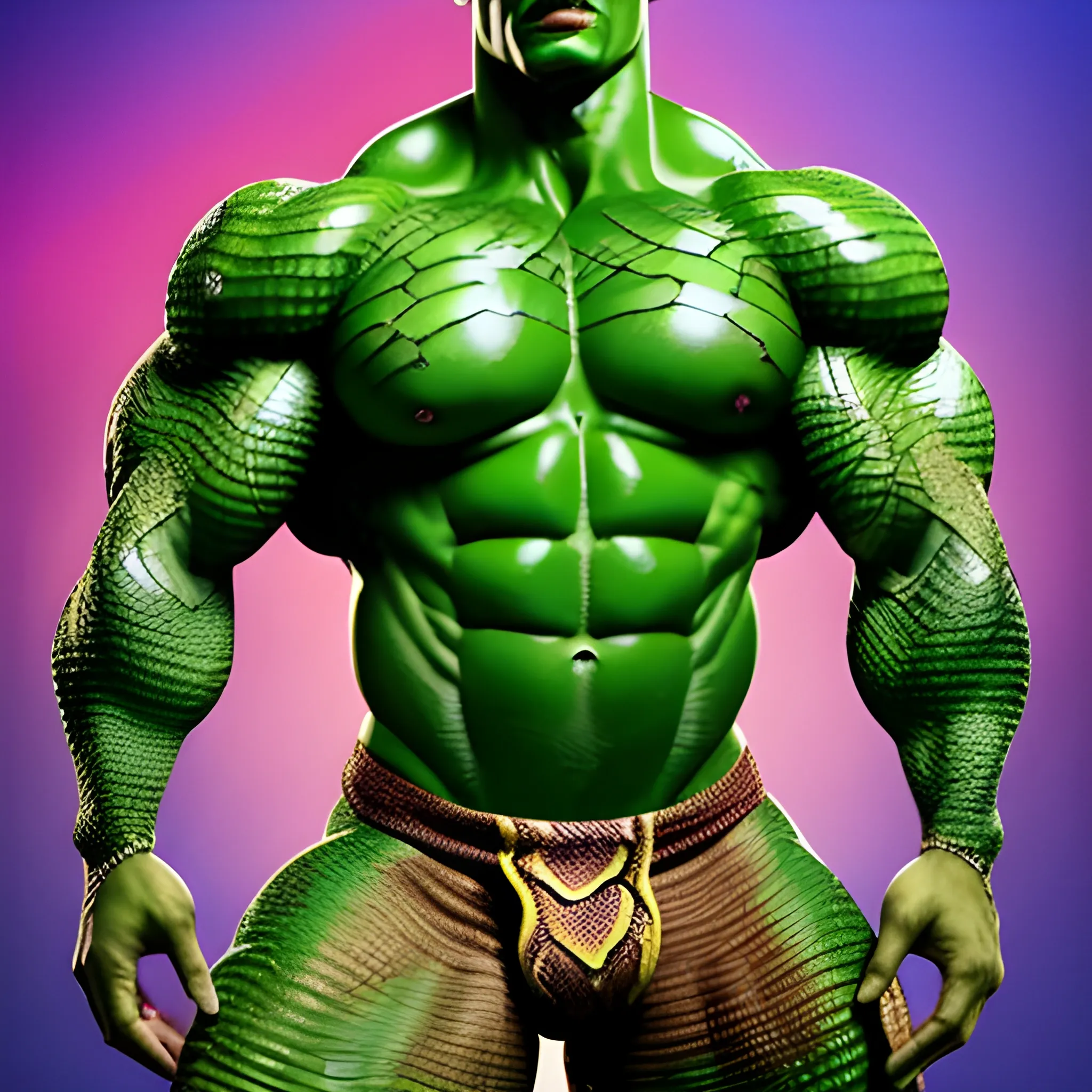 please create a hyper muscular cobra-man with green skin made of snake scales, who is defined and vascular, a giant snakeman with the head of a cobra whose mid-section is v-shaped. He has to emerge triumphantly out of a magic pool and he wears tight fitting trunks made of brown snake-skin.