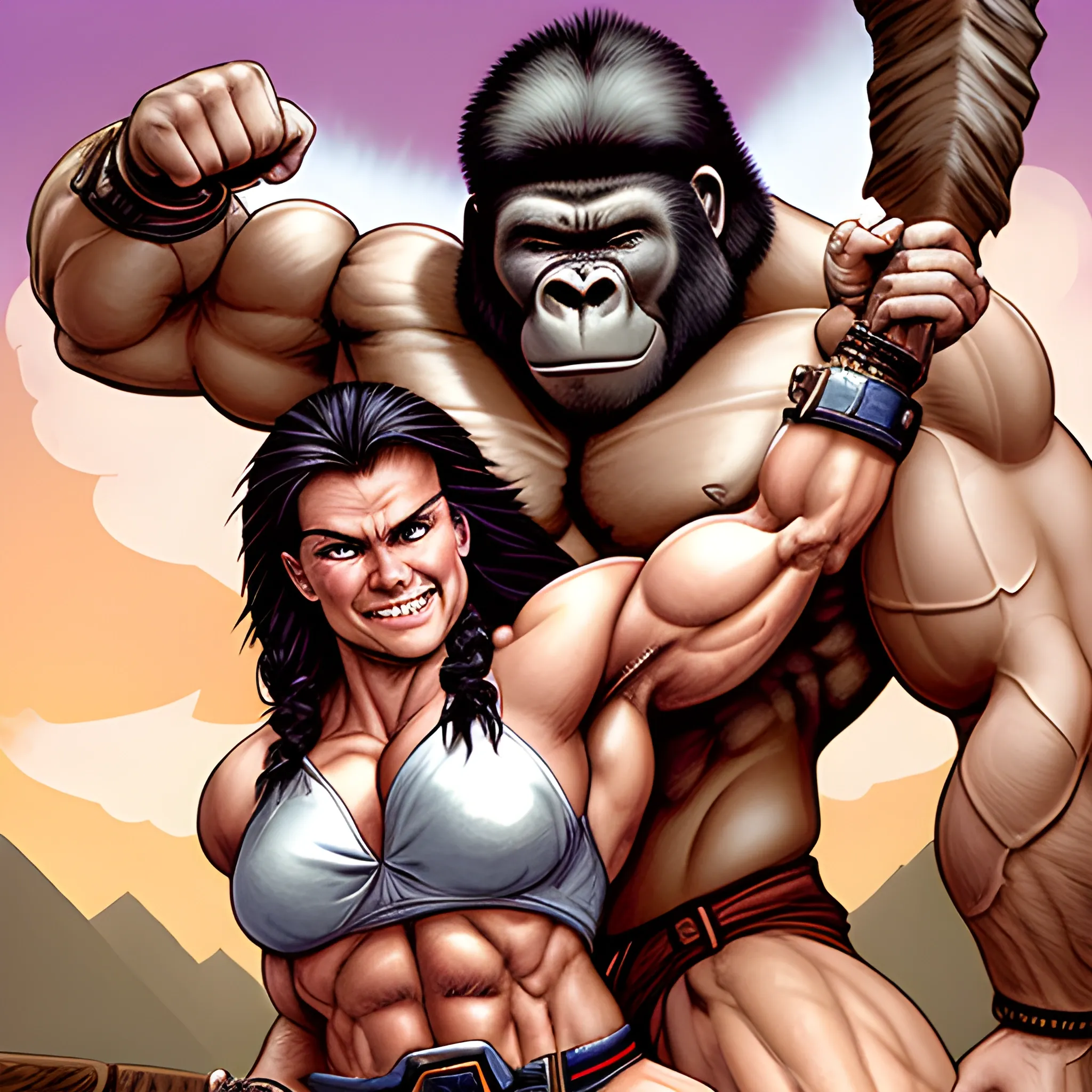 25 year old hyper-muscle barbarian woman with an angelic face and an evil, arrogant smile, lifting up a very muscular male barbarian over her head in a gorilla press with pure force while grabbing his legs and back
