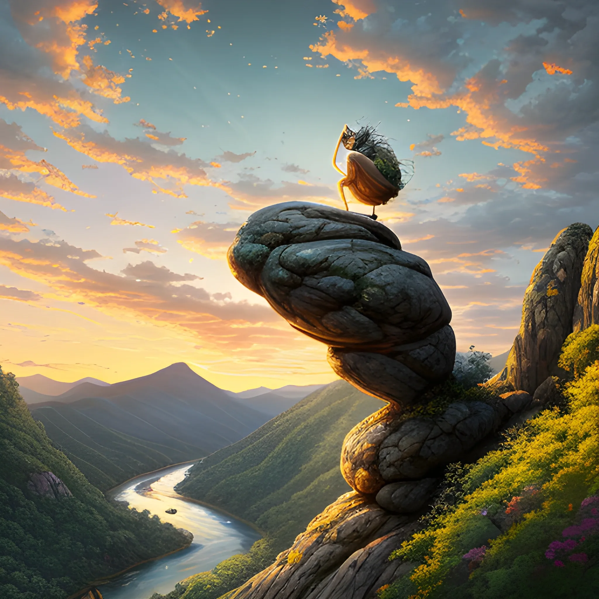 hyper detailed, masterpiece panoramic view of  a figure sitting on a boulder with patchy greens, overlooking a mountainous terrai with serpentine river valley, gazing at golden orb of sunset with fantastical sky, epic lighting, dynamic camera