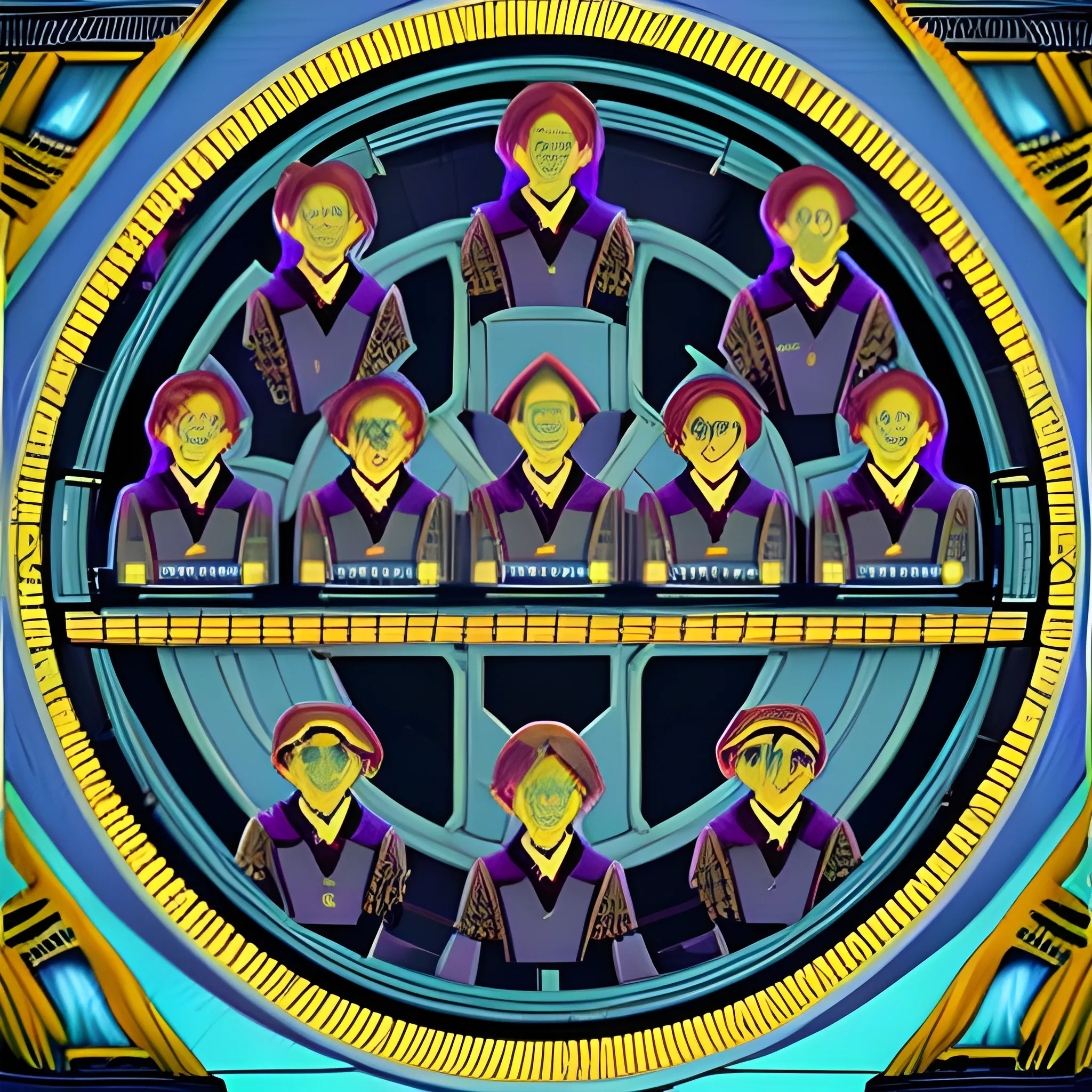 In the year 2742. Both cadets and officers, include humans, brown colored, redbrick skinned aliens, large green rough skinned aliens, gold & egg-shell colored aliens, orange cream skin colored aliens, henna diamond aliens, purple lye colored aliens. All of the uniforms have a Phoenix with a circle around on the upper left part of chest, on their uniforms, and designed by Denise and Mike Okuda. The ship's bridge is designed by Matt Jeffries, Judith Garfield and Reeves-Stevens. The captain, is at the helm. (((The ship's (((UPA  Damiqueeze NDD 6421))) is, on a plaque above & behind this group of humans and aliens, on the wall of the starship's bridge. Just above the name, of the starship is a picture of the starship.))).In the year 2742. Both cadets and officers, include humans, brown colored, redbrick skinned aliens, large green rough skinned aliens, gold & egg-shell colored aliens, orange cream skin colored aliens, henna diamond aliens, purple lye colored aliens. All of the uniforms have a Phoenix with a circle around on the upper left part of chest, on their uniforms, and designed by Denise and Mike Okuda. The ship's bridge is designed by Matt Jeffries, Judith Garfield and Reeves-Stevens. The captain, is at the helm. (((The ship's (((UPA  Namdor NDD 1891911))) is, on a plaque above & behind this group of humans and aliens, on the wall of the starship's bridge. Just above the name, of the starship is a picture of the starship.)))., 3D, Trippy