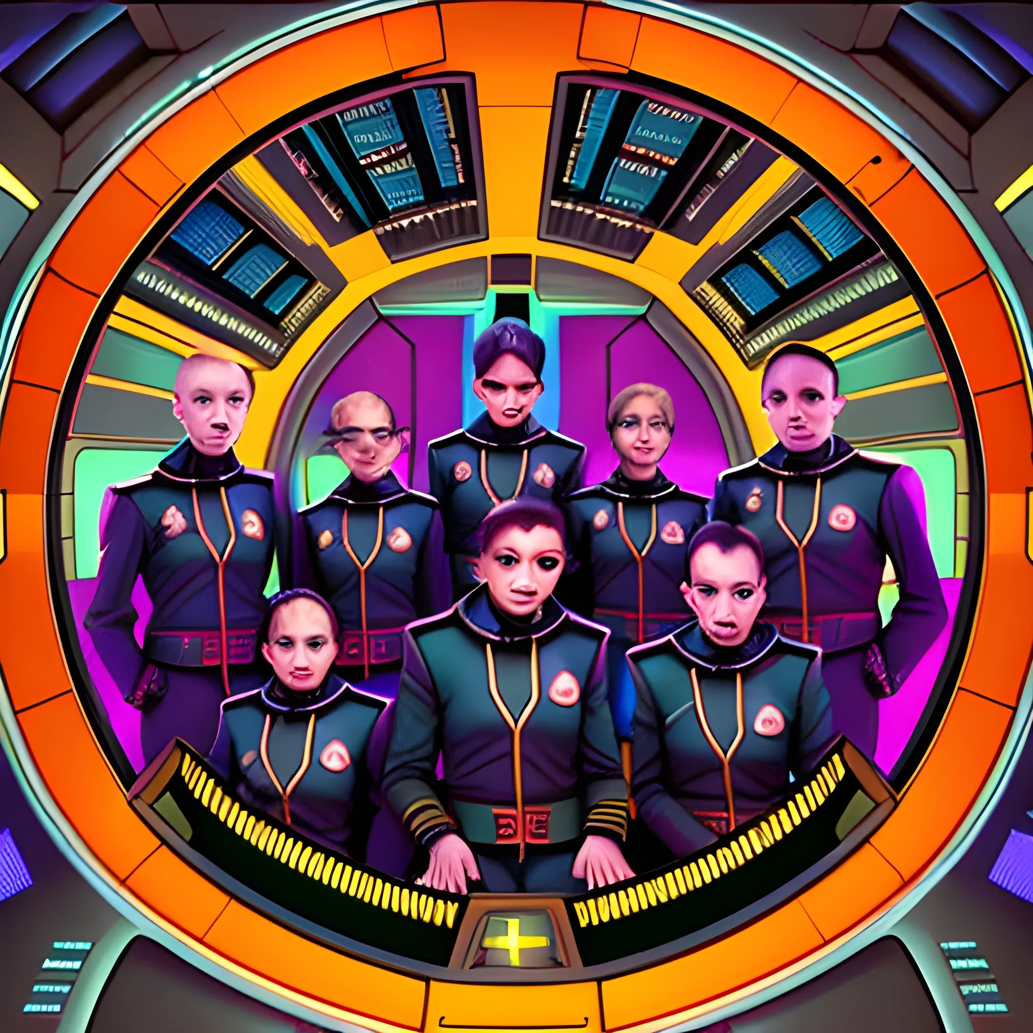 In the year 2742. Both cadets and officers, include humans, brown colored, redbrick skinned aliens, large green rough skinned aliens, gold & egg-shell colored aliens, orange cream skin colored aliens, redbrick colored aliens, diamond aliens, purple lye colored aliens. All of the uniforms have a Phoenix with a circle around on the upper left part of chest, on their uniforms, and designed by Denise and Mike Okuda. The ship's large bridge is designed by Matt Jeffries, Judith Garfield and Reeves-Stevens. (((The captain, is sitting in the command chair, at the helm, while the rest of the crew stand from tallest in the back, to the shortest just behind the captain.))). (((The ship's (((UPA  Damiqueeze NDD 6421))) is, on a plaque above & behind this group of humans and aliens, on the wall of the starship's bridge. Just above the name, of the starship is a picture of the starship.))).In the year 2742. Both cadets and officers, include humans, brown colored, redbrick skinned aliens, large green rough skinned aliens, gold & egg-shell colored aliens, orange cream skin colored aliens, henna diamond aliens, purple lye colored aliens. All of the uniforms have a Phoenix with a circle around on the upper left part of chest, on their uniforms, and designed by Denise and Mike Okuda. The ship's bridge is designed by Matt Jeffries, Judith Garfield and Reeves-Stevens.