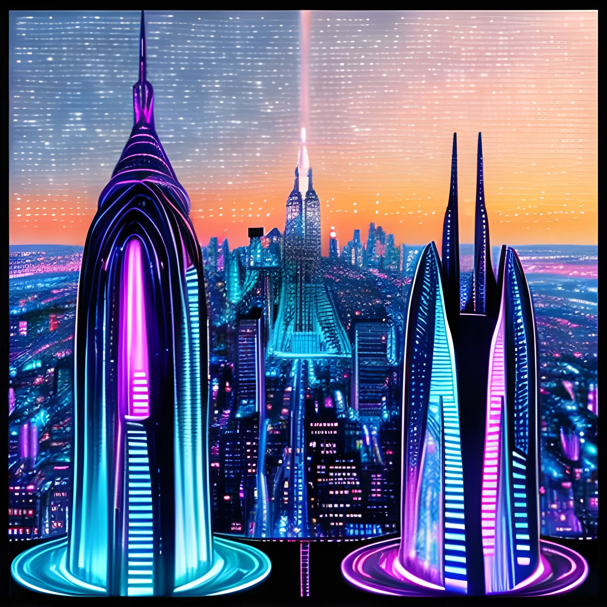 Two girls aged 6 and 8 looking down on a colourful futuristic city with lights that gives the impression of elegance and sophistication, with clear and well-marked colours, a realistic drawing with very well-defined details.