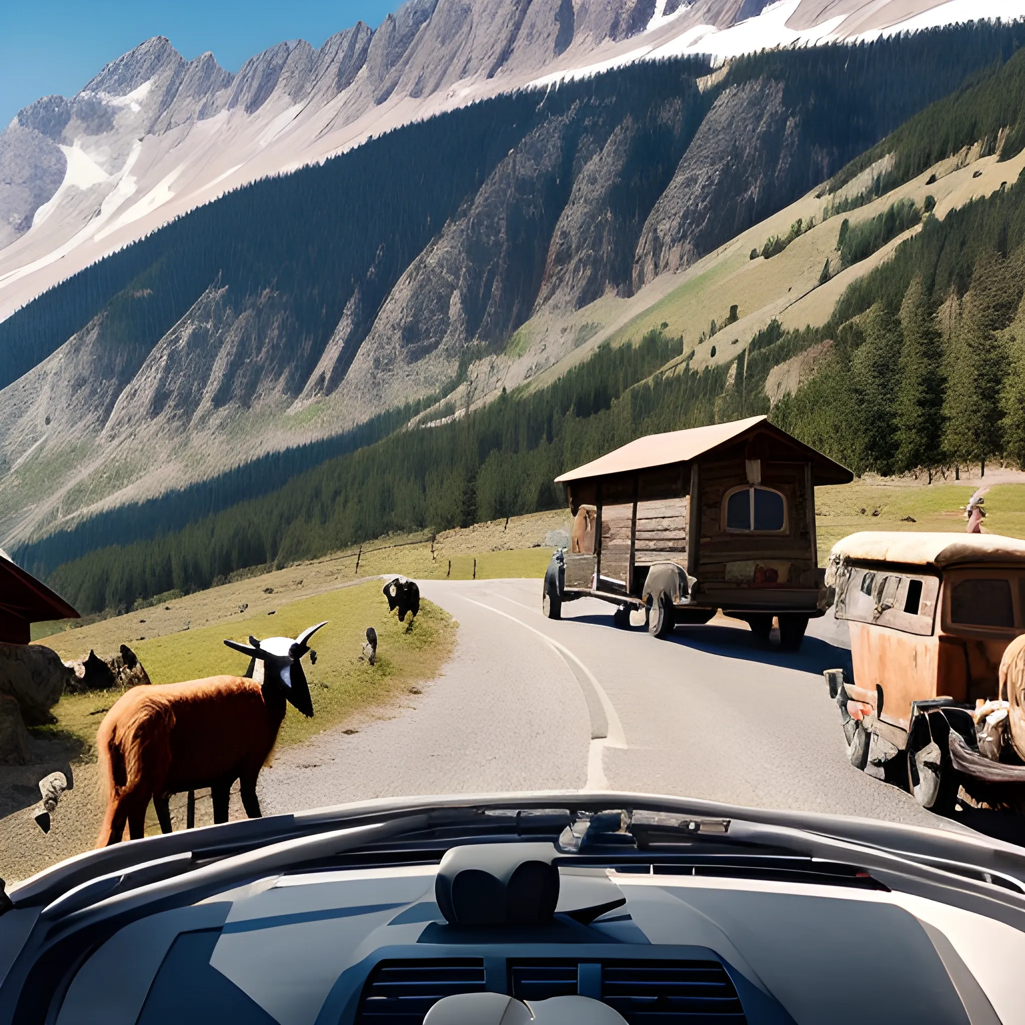 road trip somewhere in the mountains together with goats and witches sitting on a broom