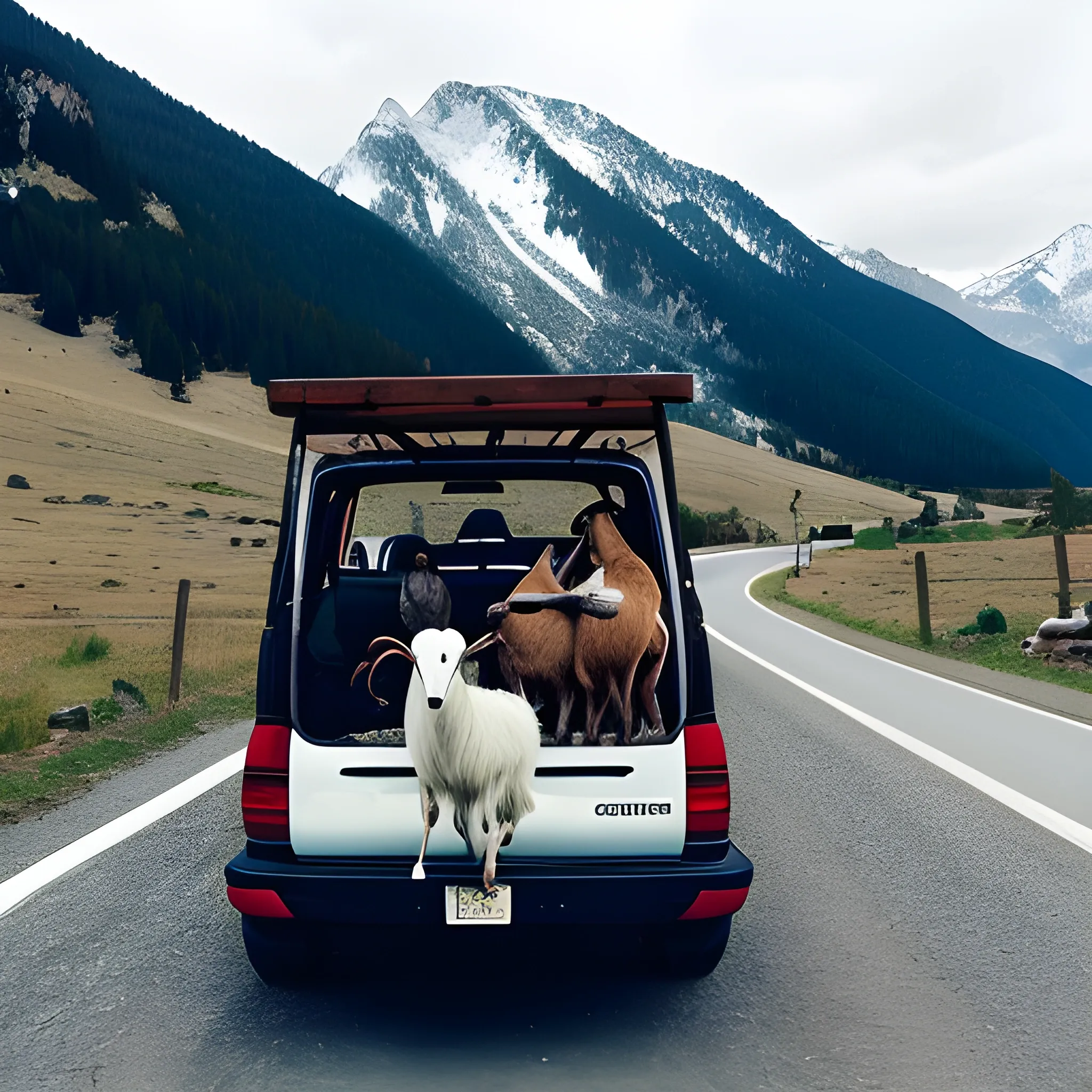 road trip somewhere in the mountains together with goats and witches sitting on a broom, Trippy