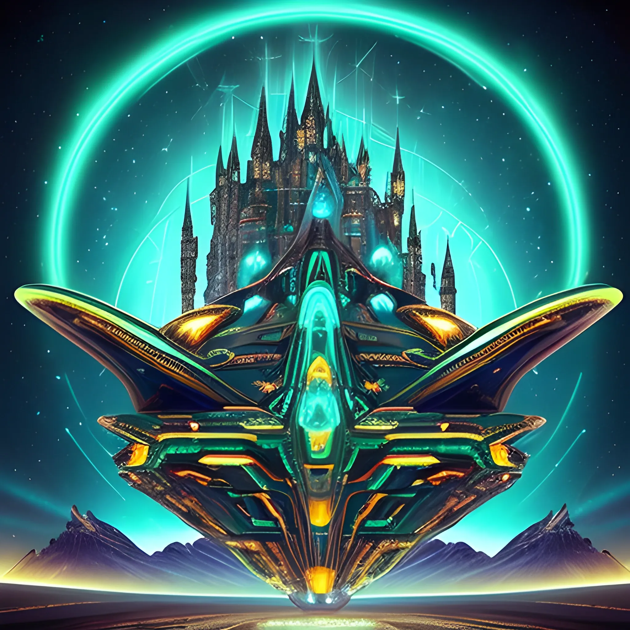 A grand, ornate spaceship hovering above a vast desert-like landscape. The spaceship is intricately designed with golden patterns, glowing green circles, and other vibrant colors. It has two elongated engines on either side. An astonishing piece of digital art that showcases a medieval-futuristic gold Enterprise spaceship with kiwi green nacelles, adorned with intricate details and connected by webbing inspired by Conan the Barbarian's world. The ship takes off from an alien planet covered with lush green mountains and glowing alien crystals. The scene is cinematic and symmetrical, with warm light pouring out from the launch flames and warmly glowing nacelles reflecting off the shiny metal.
A 750k UHD 4D resolution, of a massive dark gold starship in the shape of an infinity symbol. The ship has a length of 144 miles and a diameter of 72 miles at its midsection. An astonishing piece of digital art that showcases a medieval-futuristic gold Enterprise spaceship with kiwi green nacelles, adorned with intricate details and connected by industrial metallic molding sections. Harlan Ellison's triluminescent biomechanical art. Radiant aurora-like energy dances across the castle's crystalline geometry. Geometric mandala patterns emanate a hypnotic blue glow from the ship's hull. Radiant solar flares illuminate the surrounding nebula. Vibrant, neon-kissed colors, lens flare, glows. High contrast, hyper-realistic, cinematic, dreamlike atmosphere, astral visuals, otherworldly landscapes, abstract expressionism, cosmic horror, stunning visuals, nebulas, celestial bodies.(((👽🥳🛸💡🎉👌🏻👾🕷️ Fractal))).(((😬🔮💎🌌🚀🛰️♾️👨🏻‍🚀🛸🧑🏻‍🚀🌟 Eclipse🌝))).(((🌜 Cracked🌛🌒🌑🌘🌗🌖🌕🌔🌓☄️◻️🏂🏻🛴))). (((Enormous castle starship ☄️💎🚀🛰️🌌🚀♾️🧑🏻‍🚀🛸💎))). (((2nd picture;Medieval-futurism, medium shot, gold Enterprise with kiwi green nacelles and intricate details connected by Conan the Barbarian's world inspired webbing launches from an alien planet covered in lush green mountains and glowing alien crystals. cinematic, insanely symmetrical. Frequented by astral travelers a