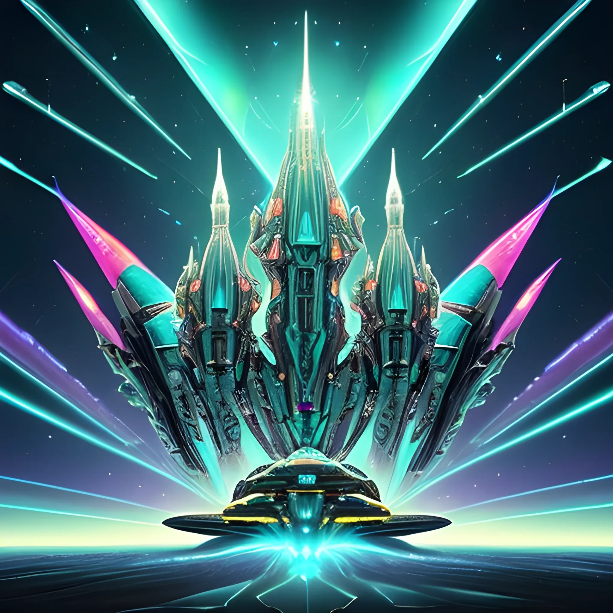 A grand, ornate spaceship hovering above a vast desert-like landscape. The spaceship is intricately designed with golden patterns, glowing green circles, and other vibrant colors. It has two elongated engines on either side. An astonishing piece of digital art that showcases a medieval-futuristic gold Enterprise spaceship with kiwi green nacelles, adorned with intricate details and connected by webbing inspired by Conan the Barbarian's world. The ship takes off from an alien planet covered with lush green mountains and glowing alien crystals. The scene is cinematic and symmetrical, with warm light pouring out from the launch flames and warmly glowing nacelles reflecting off the shiny metal.
A 750k UHD 4D resolution, of amassive dark gold starship in the shape of an infinity symbol. The ship has a length of 144 miles and a diameter of 72 miles at its midsection. An astonishing piece of digital art that showcases a medieval-futuristic gold Enterprise spaceship with kiwi green nacelles, adorned with intricate details and connected by industrial metallic molding sections. Harlan Ellison's triluminescent biomechanical art. Radiant aurora-like energy dances across the castle's crystalline geometry. Geometric mandala patterns emanate a hypnotic blue glow from the ship's hull. Radiant solar flares illuminate the surrounding nebula. Vibrant, neon-kissed colors, lens flare, glows. High contrast, hyper-realistic, cinematic, dreamlike atmosphere, astral visuals, otherworldly landscapes, abstract expressionism, cosmic horror, stunning visuals, nebulas, celestial bodies.(((👽🥳🛸💡🎉👌🏻👾🕷️ Fractal))).(((😬🔮💎🌌🚀🛰️♾️👨🏻‍🚀🛸🧑🏻‍🚀🌟 Eclipse🌝))).(((🌜 Cracked🌛🌒🌑🌘🌗🌖🌕🌔🌓☄️◻️🏂🏻🛴))). (((Enormous castle starship ☄️💎🚀🛰️🌌🚀♾️🧑🏻‍🚀🛸💎))). (((2nd picture;Medieval-futurism, medium shot, gold Enterprise with kiwi green nacelles and intricate details connected by Conan the Barbarian's world inspired webbing launches from an alien planet covered in lush green mountains and glowing alien crystals. cinematic, insanely symmetrical. Frequented by astral travelers a