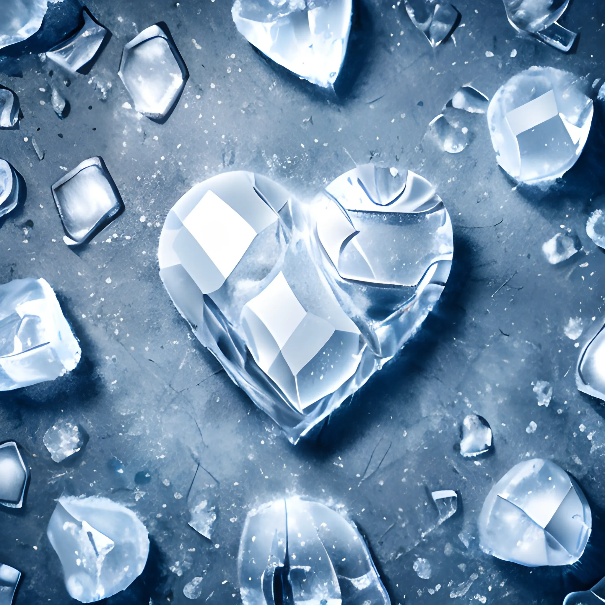 broken heart with ice around it photorealistic cold background