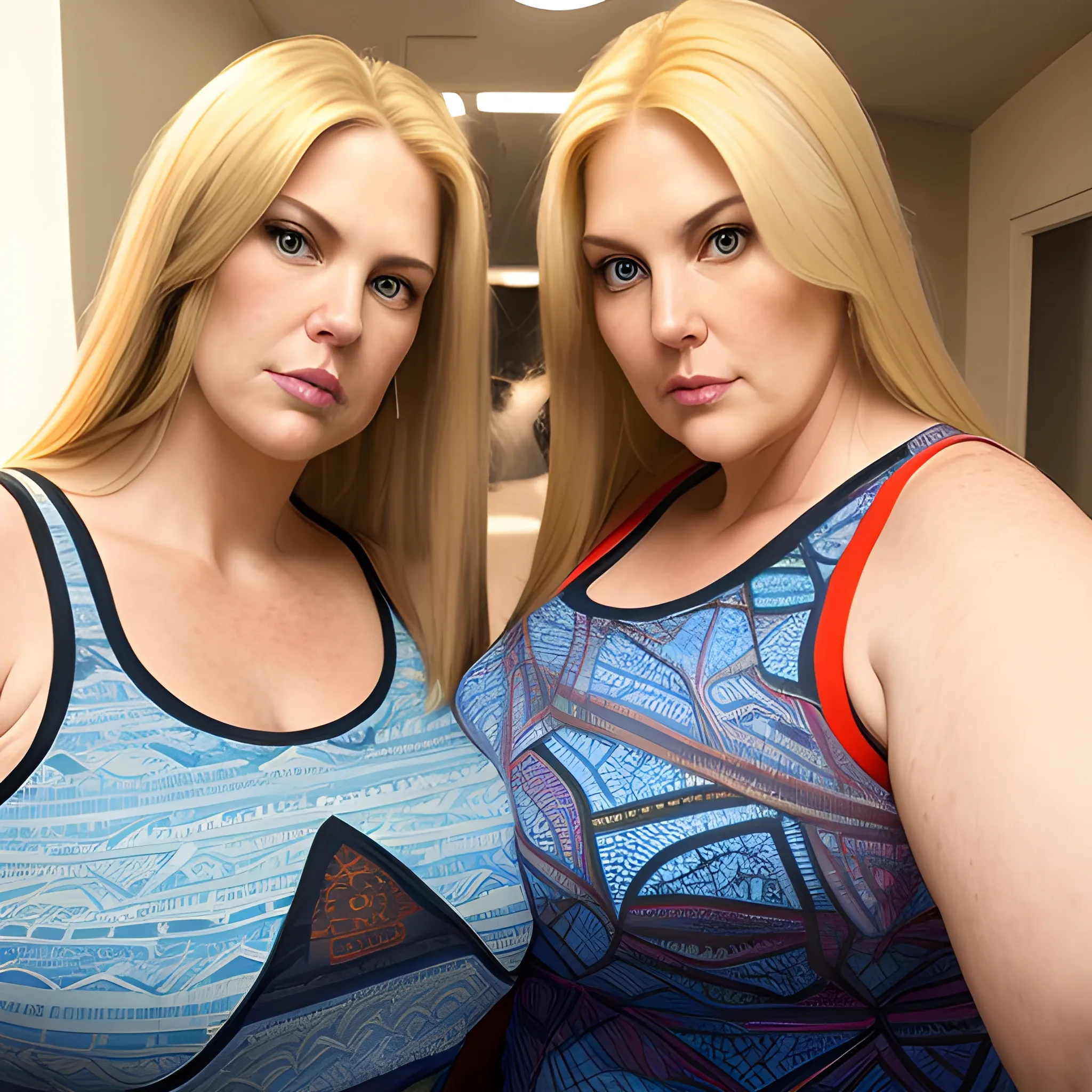 Two tall beautiful plus sized, ample, middle-aged  American Women, long straight blonde hair, full lips, full face, fitted yellow, blue and red patterned tank tops, looking down at the camera, up close pov, detailed, warm lighting 