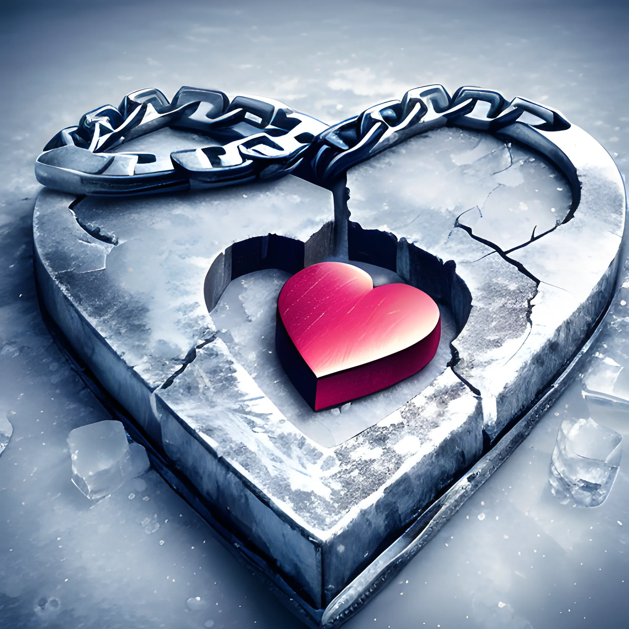 broken heart with ice around it iron chain photorealistic cold backgroun