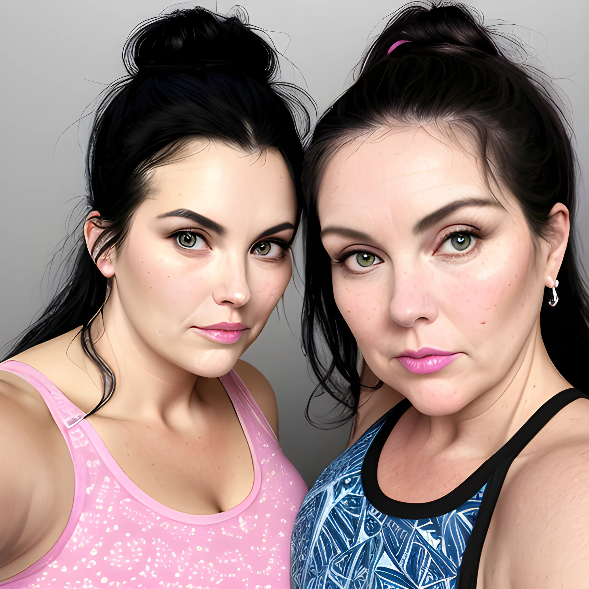 Two tall beautiful plus sized, ample, middle-aged  American Women, long straight black hair, in a messy bun, full lips, full face, fitted white, blue and pink patterned tank tops, looking down at the camera, up close pov, detailed, warm lighting 