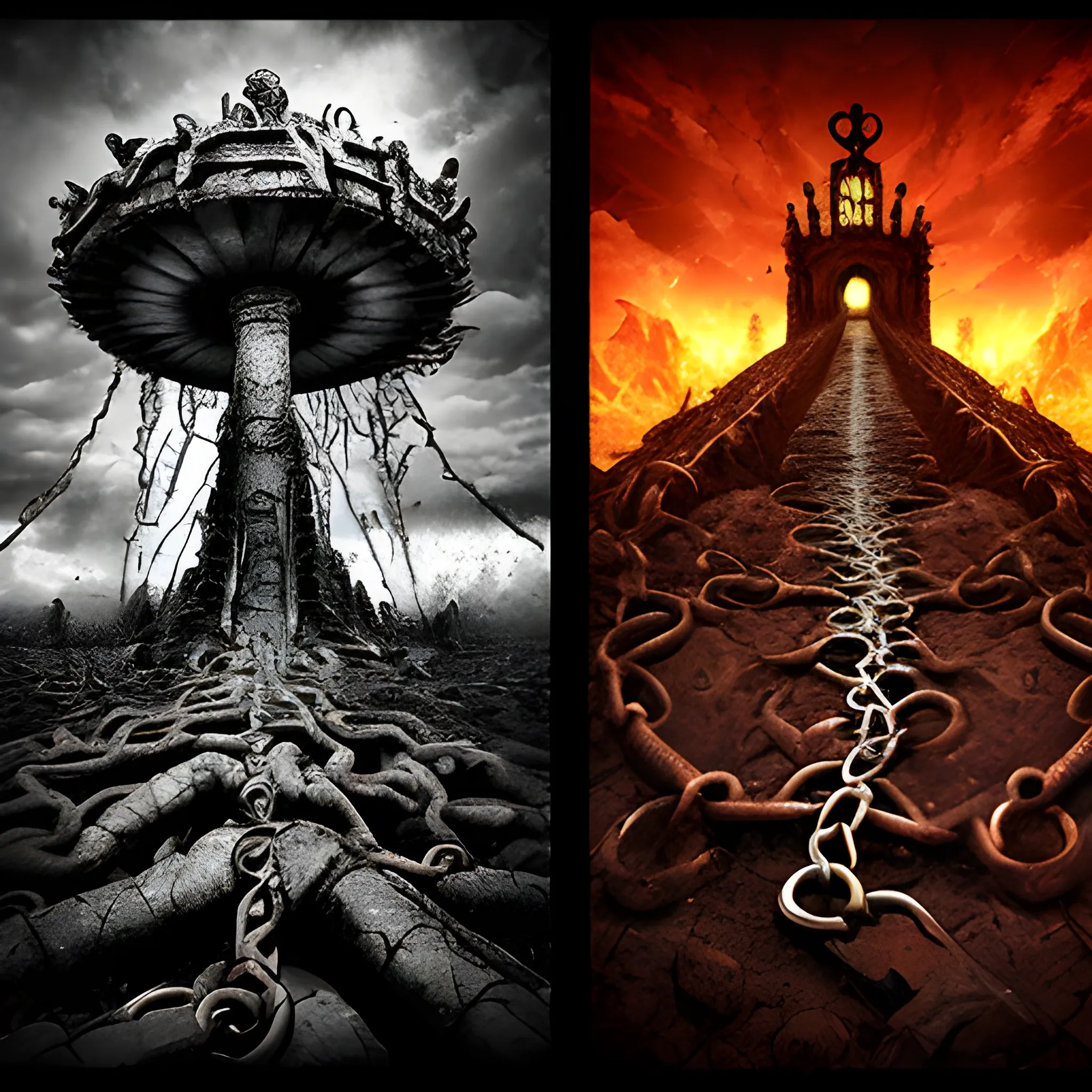 broken chain with hell and heaven side by side
