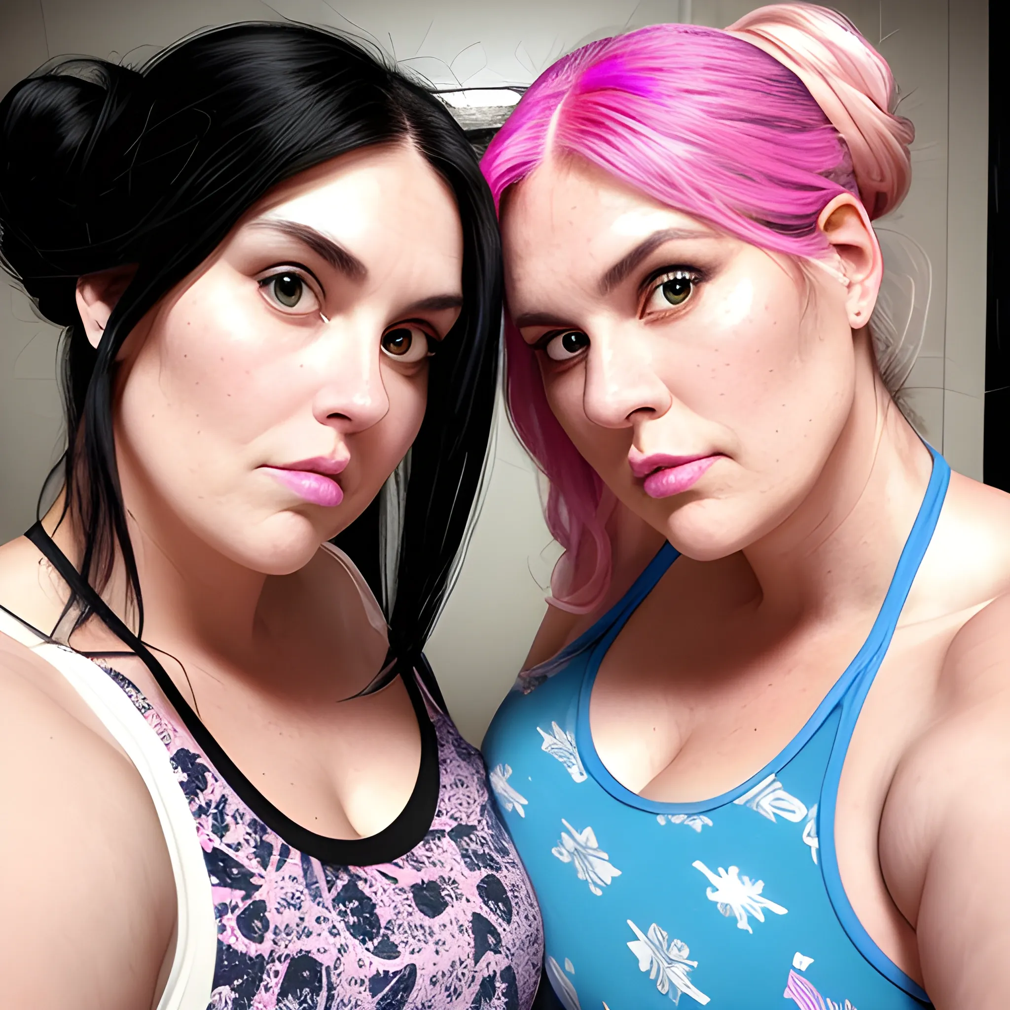 Two tall beautiful plus sized, ample, middle-aged  American Women, long straight black hair, in a messy bun, full lips, full face, fitted white, blue and pink patterned tank tops, looking down at the camera, up close pov, detailed, warm lighting 