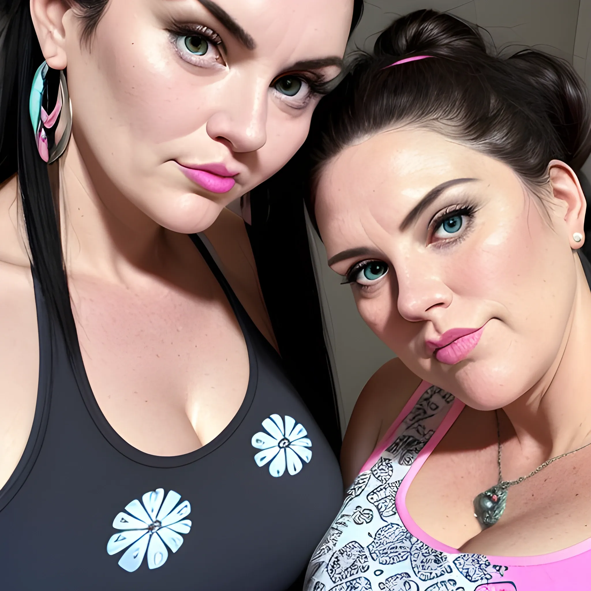 Two tall beautiful plus sized, ample, middle-aged  American Women, long straight black hair, in a messy bun, full lips, full face, fitted white, blue and pink patterned tank tops, looking down at the camera, up close pov, detailed, warm lighting 