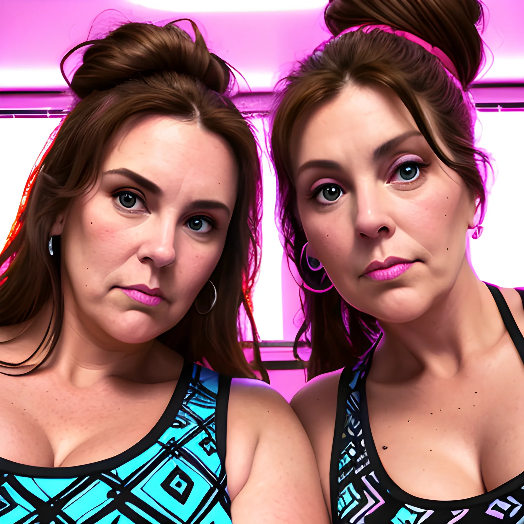 Two tall beautiful plus sized, ample, middle-aged  American Women, long straight brown hair, in a messy bun, full lips, full face, fitted black, blue and pink patterned tank tops, looking down at the camera, up close pov, detailed, warm lighting 