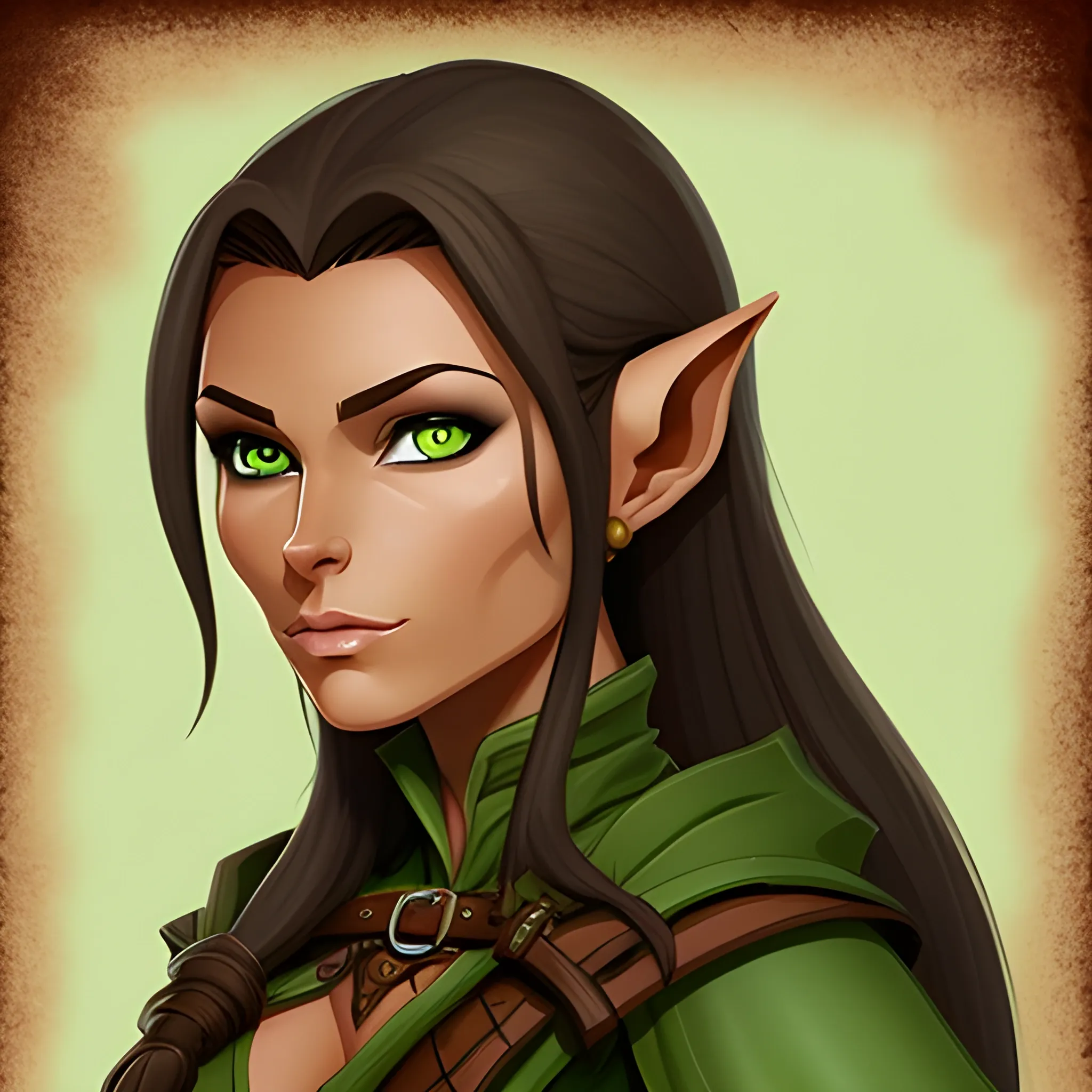 Female wood elf. Tan skin. Brown and green eyes. dnd artstyle. Dark hair