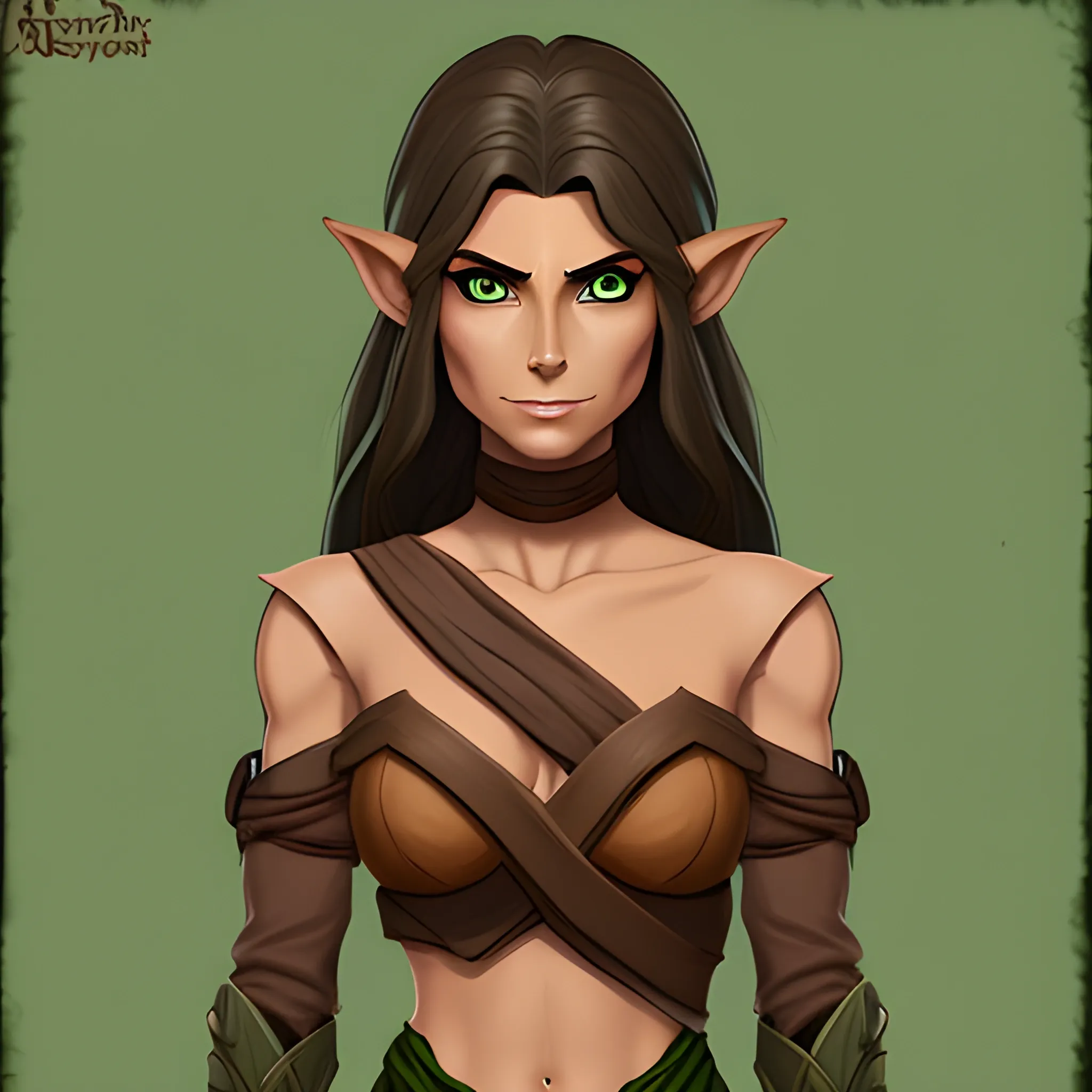 Female wood elf. Tan skin. Brown  eye and green eye. dnd artstyle. Dark hair