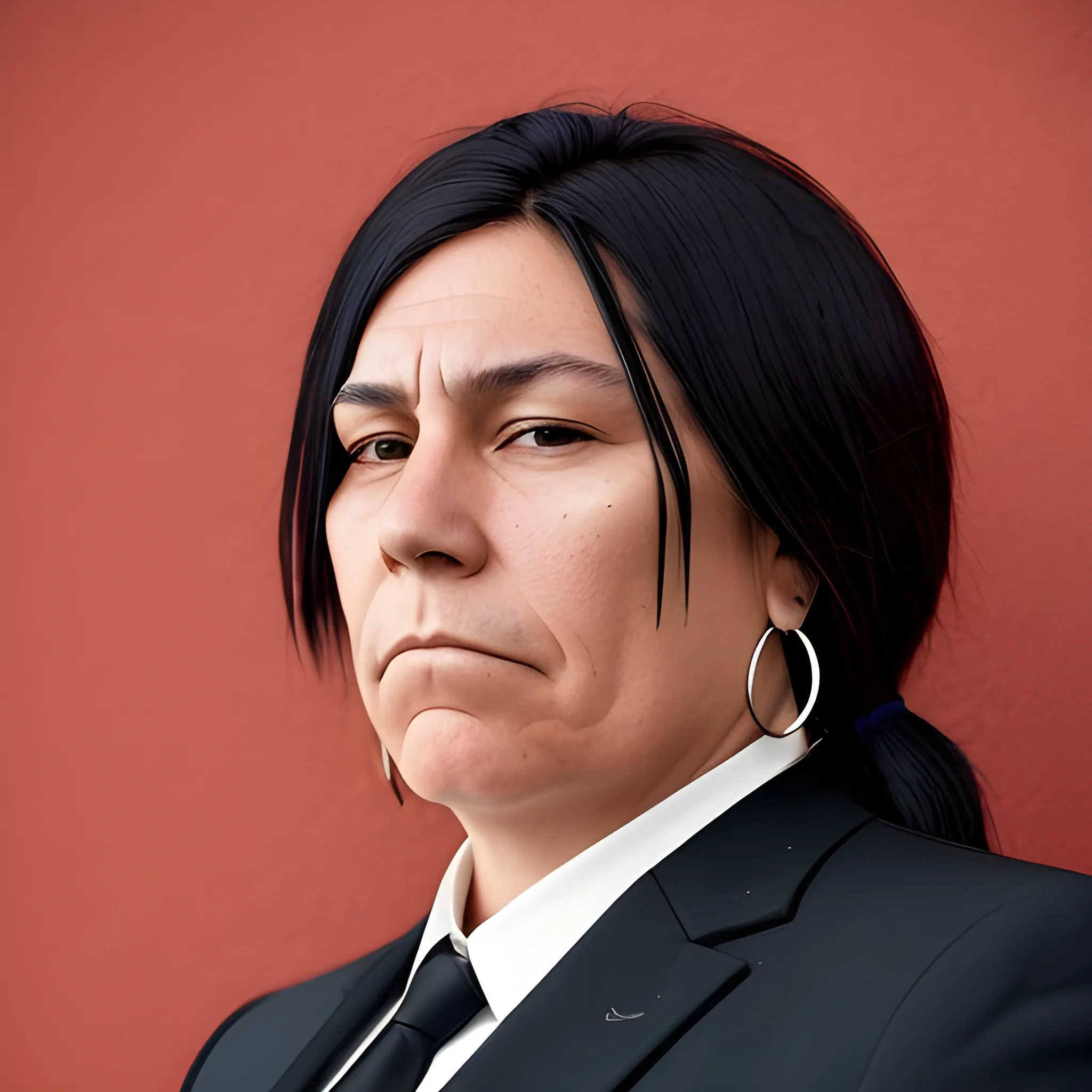 A thin butch lesbian woman who is native American. Her face is long and she is middle aged. She is not smiling. She is wearing a suit.