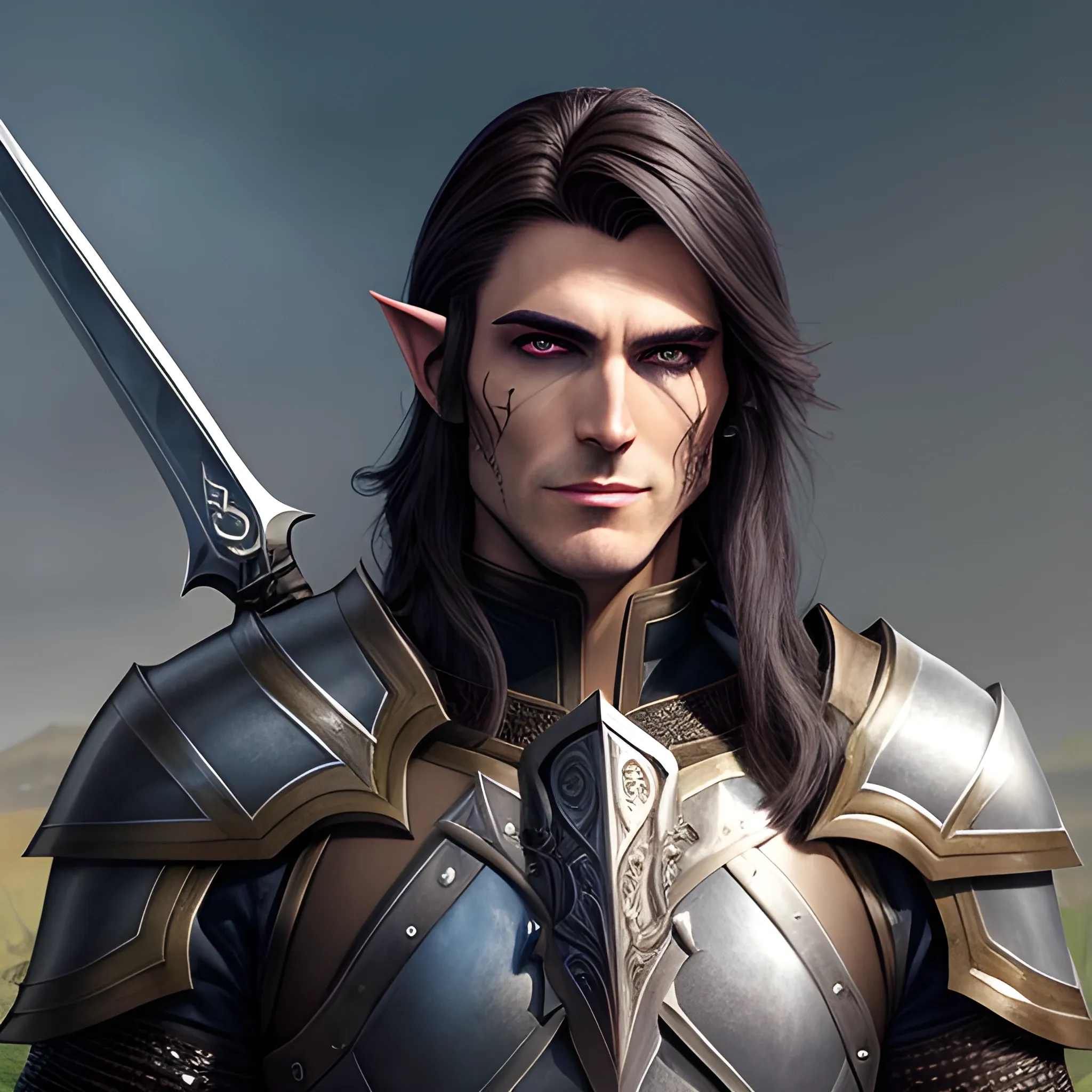 A male young half-elf paladin who has a blend of human and elven features: pointed ears, a sharp jawline, and piercing bright eyes that radiate warmth and determination. His hair is dark brown, slightly tousled. He wears chainmail armor and carries a standard longsword and a plain shield adorned with a raven emblem, Water Color