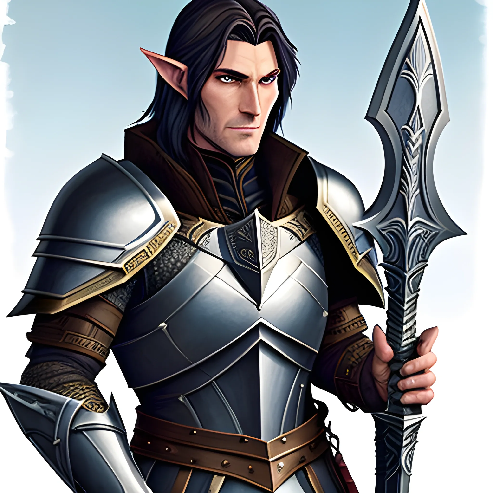 A male young elf paladin who has a blend of human and elven features: pointed ears, a sharp jawline, and piercing bright eyes that radiate warmth and determination. His hair is dark brown, slightly tousled. He wears chainmail armor and carries a standard longsword and a plain shield adorned with a raven emblem, Water Color