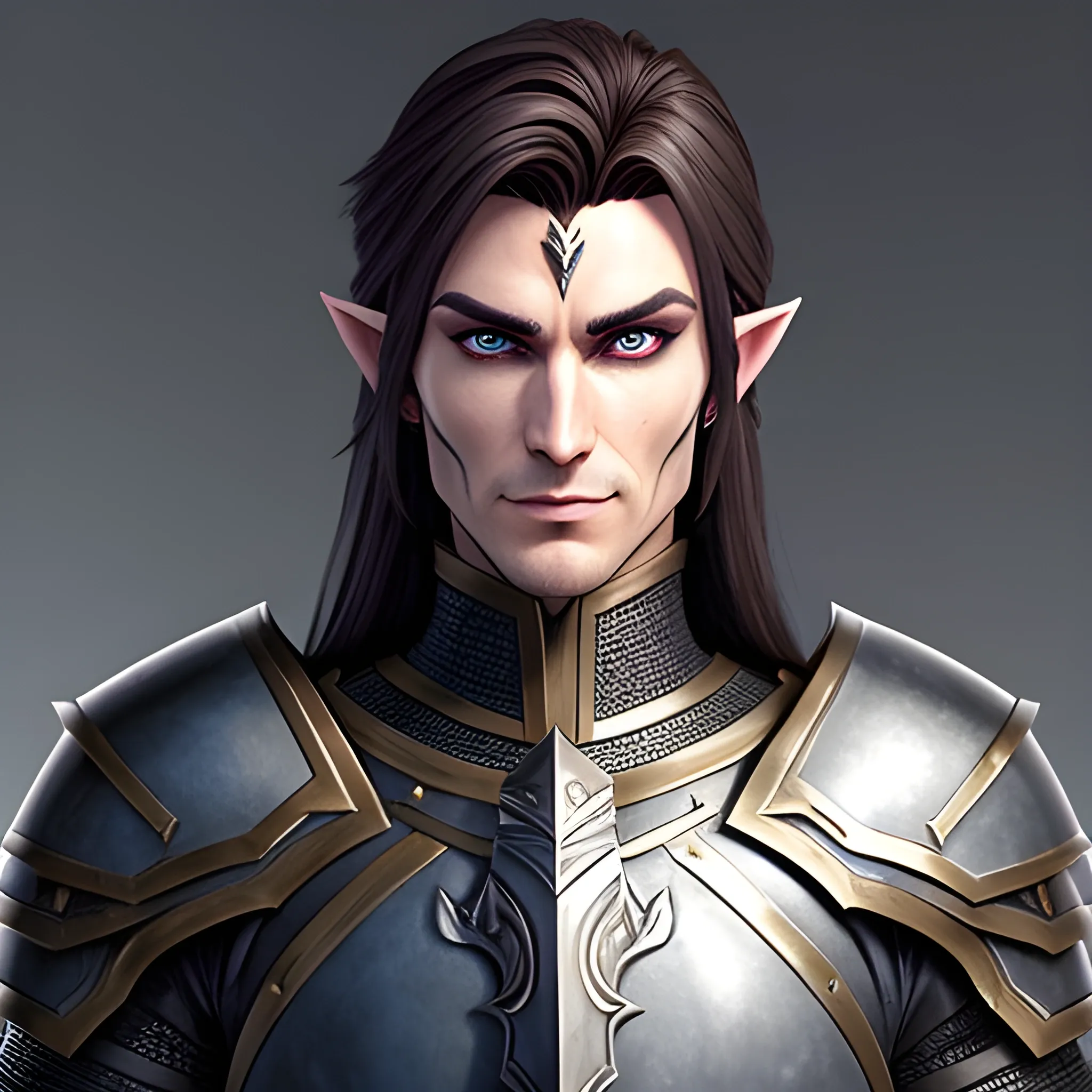 A male young elf paladin who has elven features: pointed ears, a sharp jawline, and piercing bright eyes that radiate warmth and determination. His hair is dark brown, slightly tousled. He wears chainmail armor and carries a standard longsword and a plain shield adorned with a raven emblem, Water Color