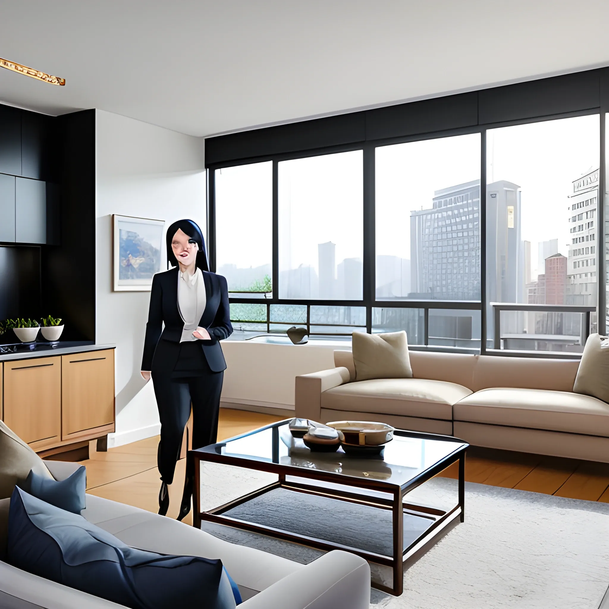 A young, beautiful Chinese female real estate agent with sleek black hair, dressed in stylish, professional attire, showcasing a visible 'PLUS Housing' logo on her clothing, is showing a modern apartment's living room to a Western couple (both with blonde hair and blue eyes). The couple, visibly engaged and interested in renting the property, is walking through the space with the agent. It's late summer or early autumn, and soft, warm sunlight filters through large windows, casting a golden glow that creates a welcoming and comfortable atmosphere. The Chinese agent is engaging the couple in a friendly yet professional conversation, highlighting the key features of the apartment as they explore it together. The Western couple looks attentive, discussing their options as they listen closely to her explanations. The 'PLUS Housing' logo is subtly but clearly visible on the agent's attire, enhancing brand recognition. The overall mood combines professionalism with warmth, and the 8K high-definition details emphasize the natural lighting, modern interior design, and textures of the apartment