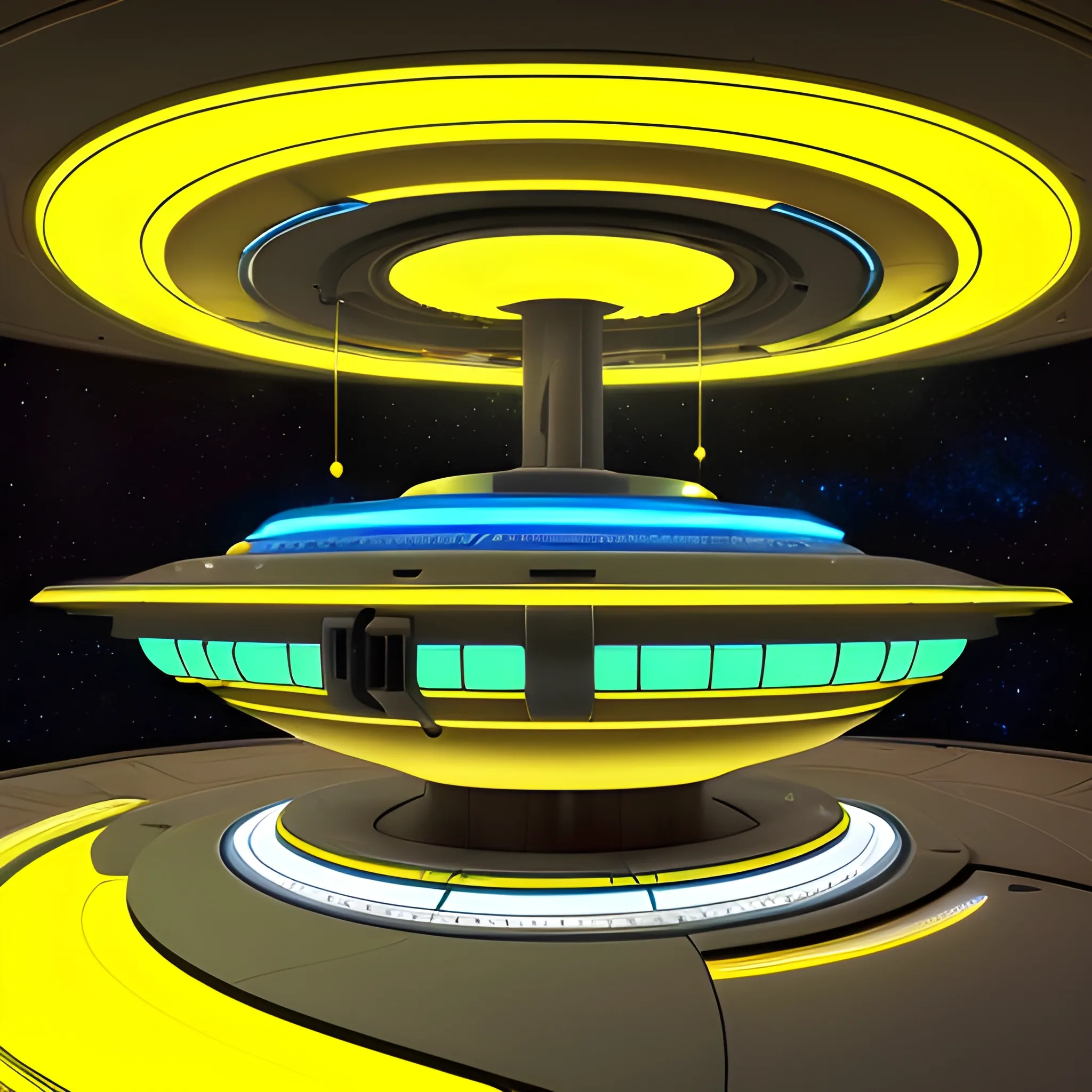 The starship has primary colors that are dark gold, metallic forest green& light blue accents,+ 2 white nacelles,at 75°, emit a mesmerizing dark yellow light.Blending the styles of Gerry & Sylvia Anderson.There's a top section that's a 60' in diameter bubble , as an industrial wired circular base.