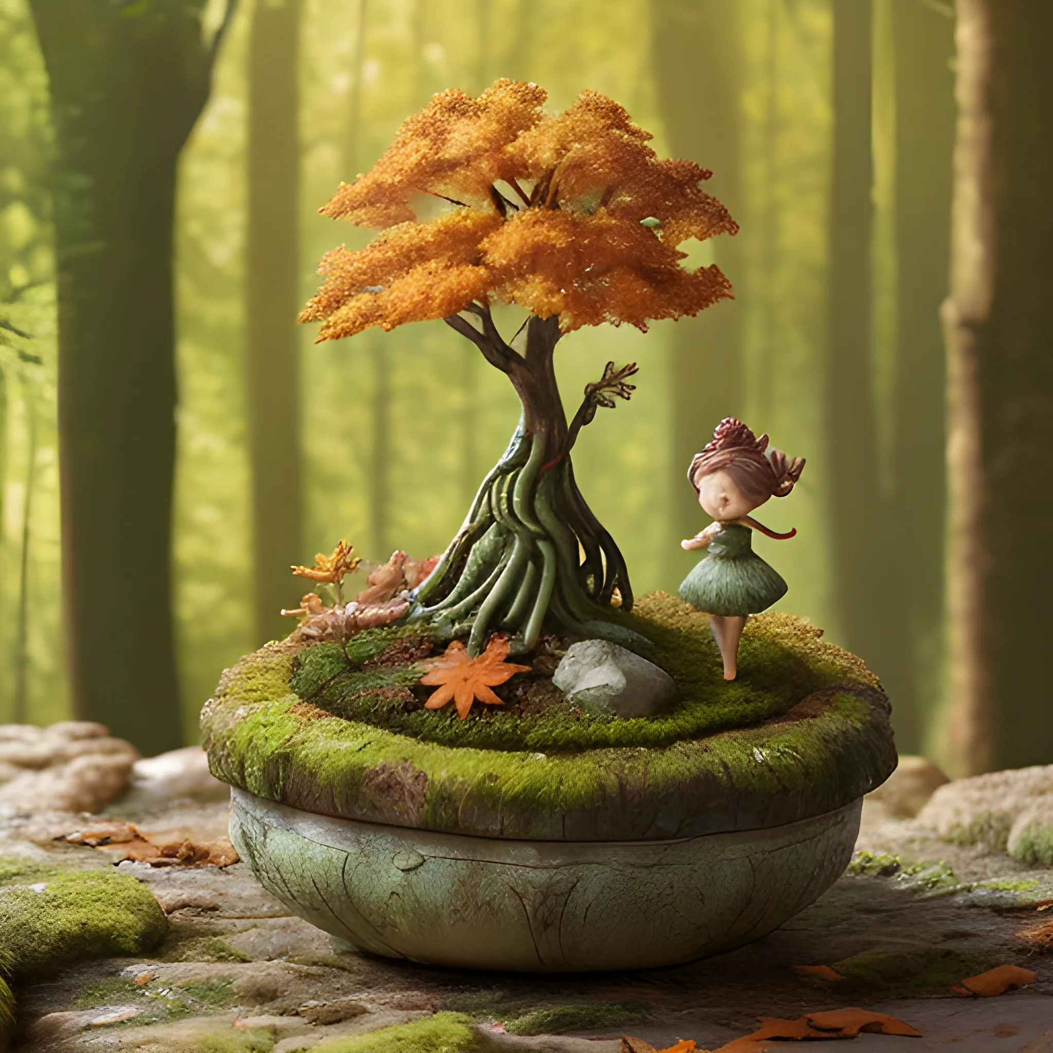 A whimsical Miniature Figure crafted from delicately arranged autumn leaves Dances gracefully on the rim of a weathered, moss-covered Terracotta pot. It is set against a lush, vibrant forest background, where dappled sunlight Filters through the Canopy above, casting intricate shadows. The scene has an ethereal aesthetic with warm, earthy Tones a sienna, Umber and olive green, Accented by hints of emerald and golden light, evoking a sense of wonder and enchantment as if plucked from a fantastical realm.