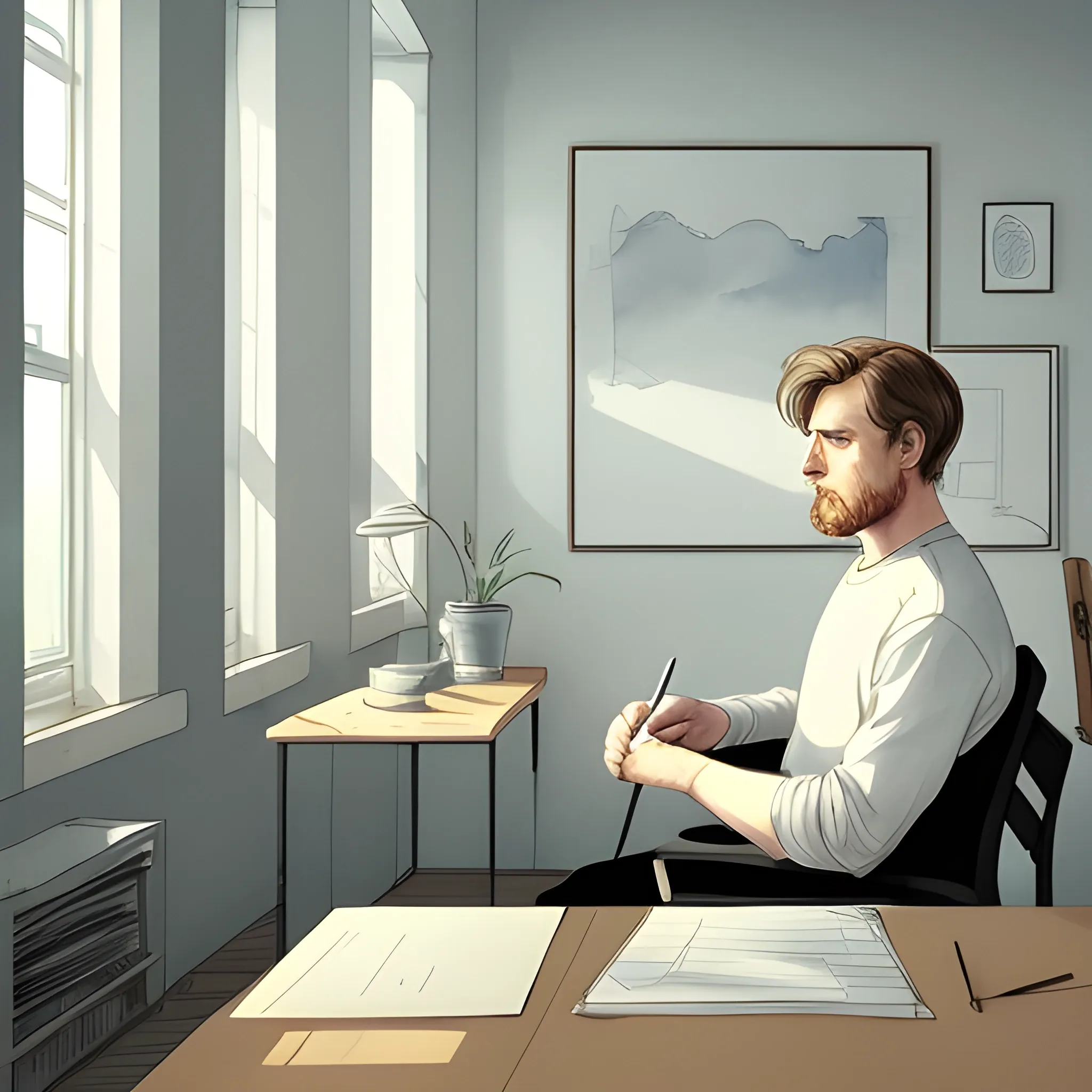 An illustration of a white man in his mid-30s, seated at a desk, looking directly toward the viewer as if being filmed. He balances a pen playfully between his upper lip and nose, lost in deep thought, with his arms crossed. On his right side in the room, there is a neatly made bed, adding to the sense of calm and order. Behind him, soft, warm light filters through a window, bathing the scene in a comforting glow. A CGI-style habit-tracking timeline floats subtly in the background, representing the flow of his thoughts. The drawing uses soft, sketch-like linework and a pastel color palette with rounded, expressive facial features that convey gentle contemplation. The background remains minimalistic, with watercolor tones enhancing the peaceful, heartwarming atmosphere. The overall scene should evoke a slice-of-life aesthetic, blending introspection with warmth and simplicity.