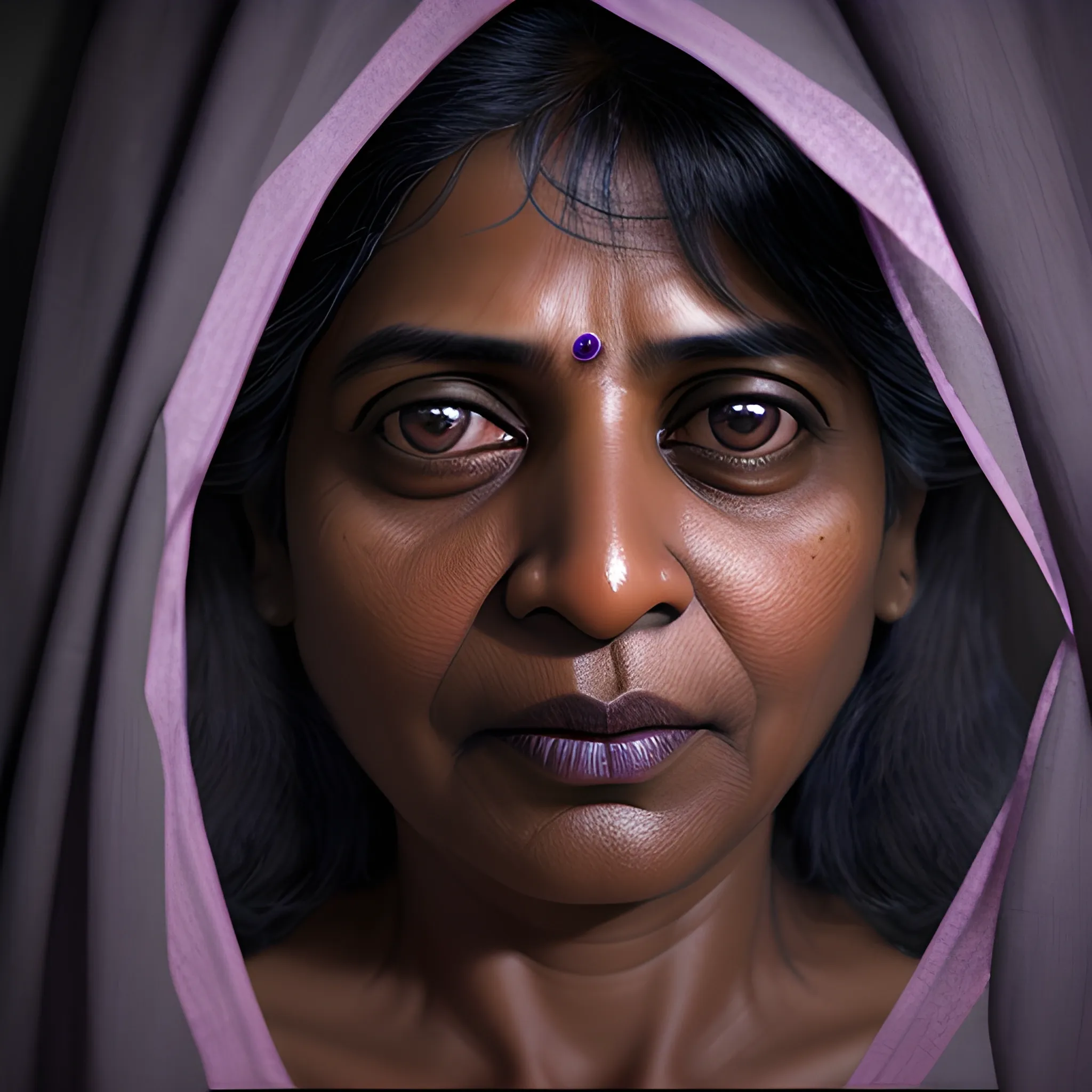 Create a close-up Realistic photo, featuring a 42year-old Indian woman in her dimly lit bedroom. Maintain the same dark, muted color scheme with deep blues, grays, and purples, creating a mysterious and supernatural atmosphere.   