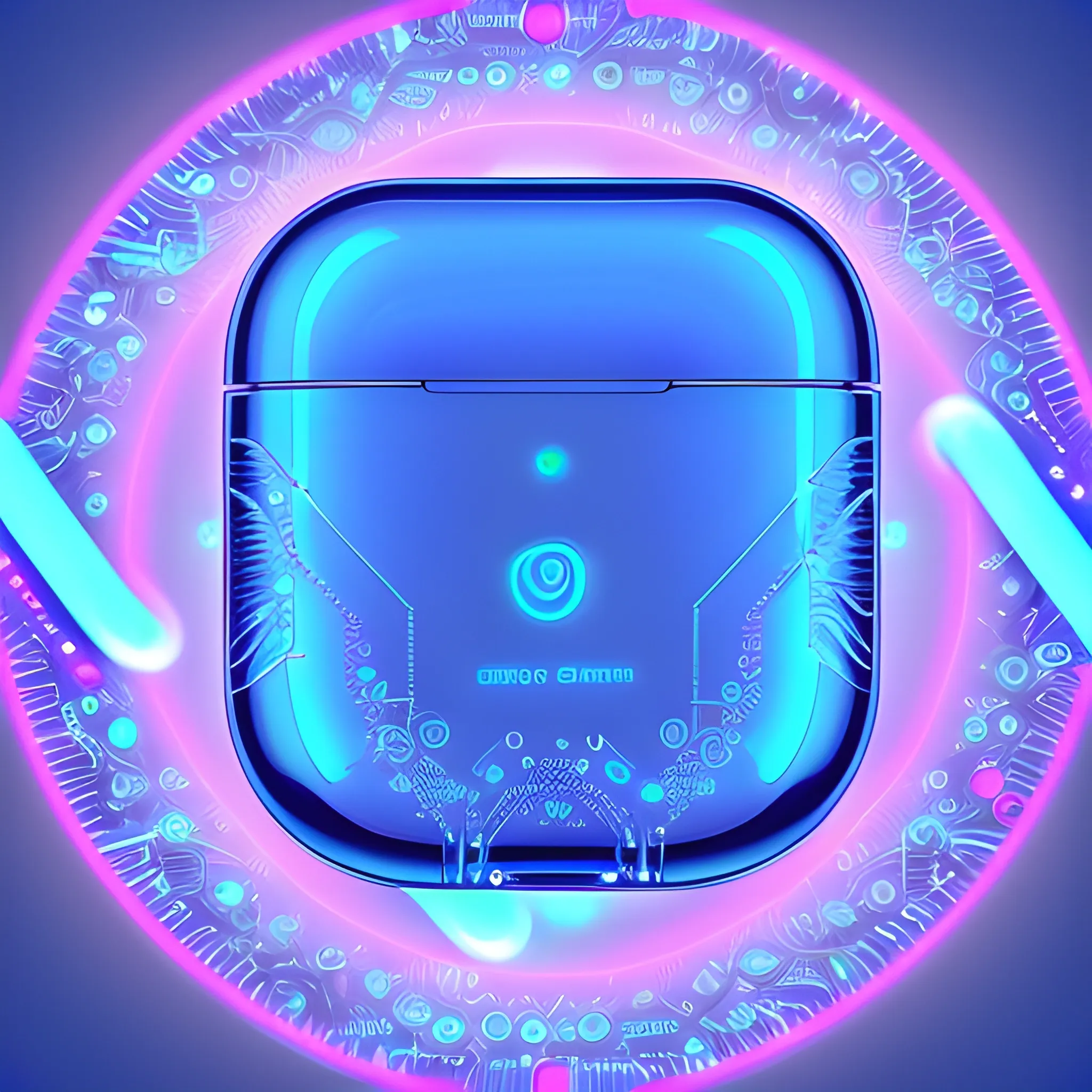 A mesmerizing blend of technological elegance and ethereal beauty. A Blue AirPods, its sleek curves bathed in neon light, floats among wisps of iridescent vapor. The device's circuits reflect patterns of binary code, while its luminous core evokes the glow of a distant star-field, Trippy