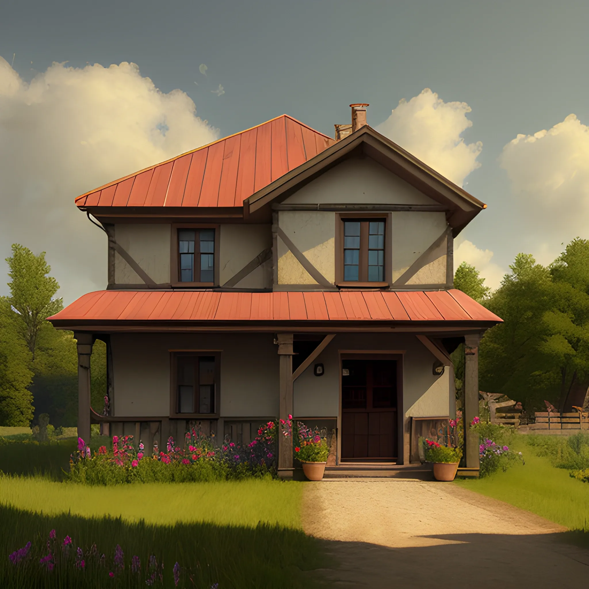 Photorealism. Create an image of my rural house in Renaissance-style make it to be appealing for people looking for a nice weekend in a rural medium , masterpiece, cinematic, award-winning, vibrant colors, trending on artstation, 8k resolution