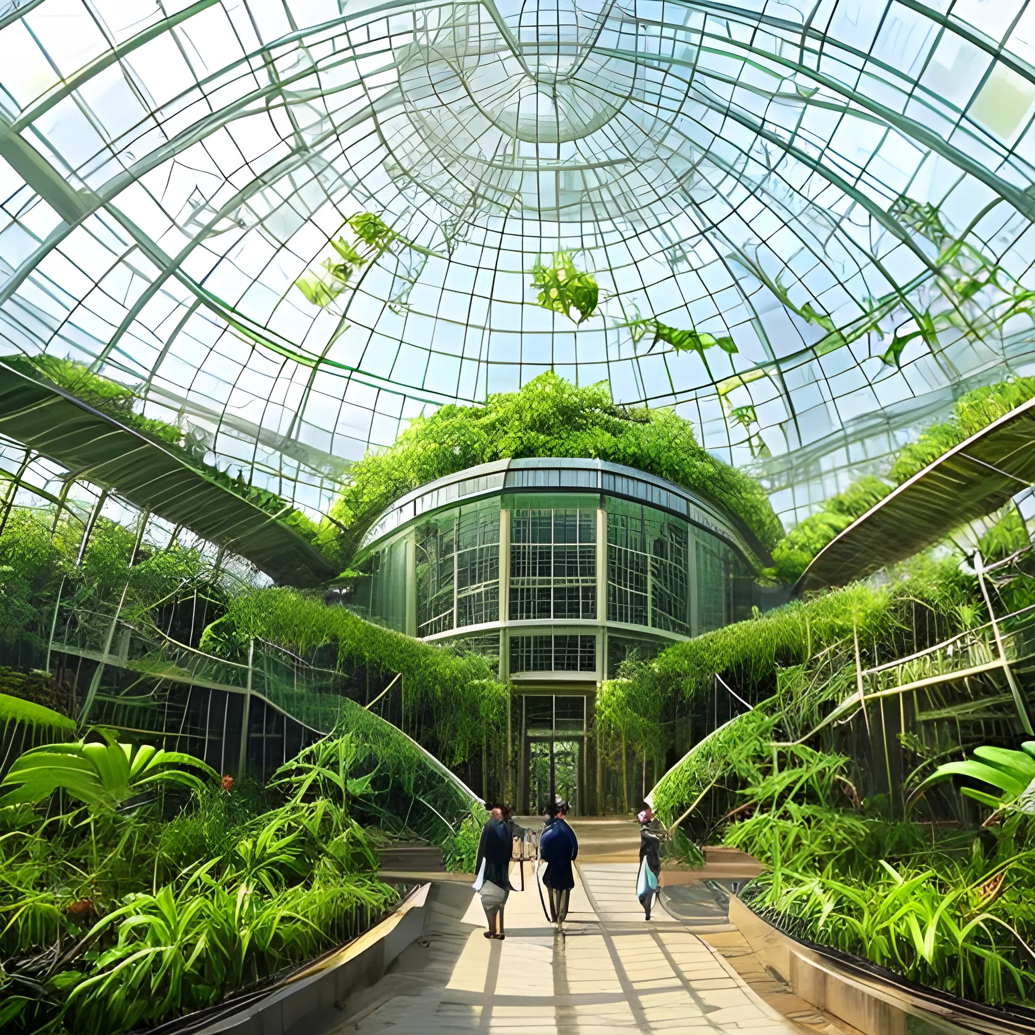 Mangrove park and research and awarness center and green house conservatory and dome shape structure interior view with people and having waterfall inside